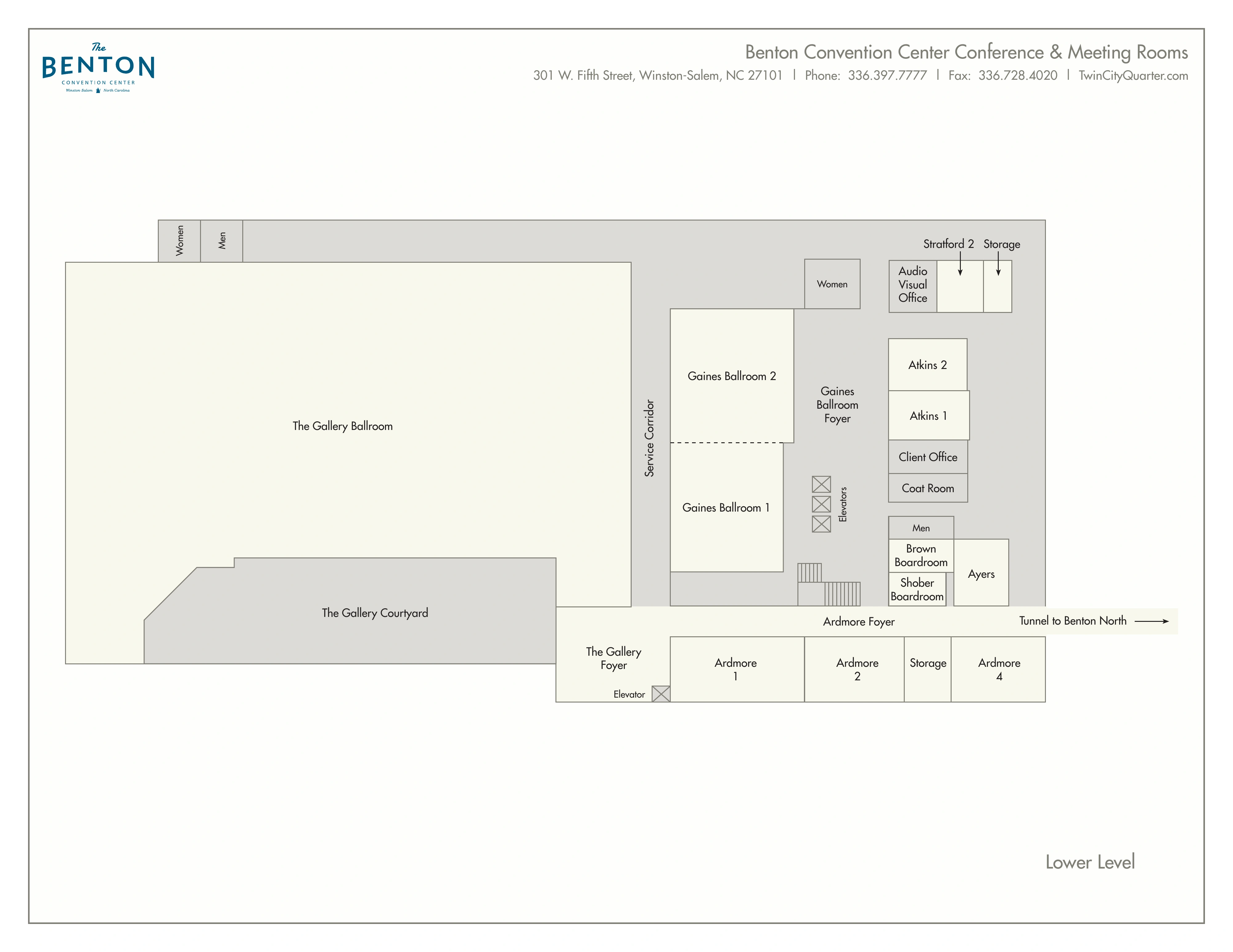 Benton Convention Center: Venue layout, Benton South · lower-level rooms and tunnel connection. Use the original map for routes and visitor facilities.