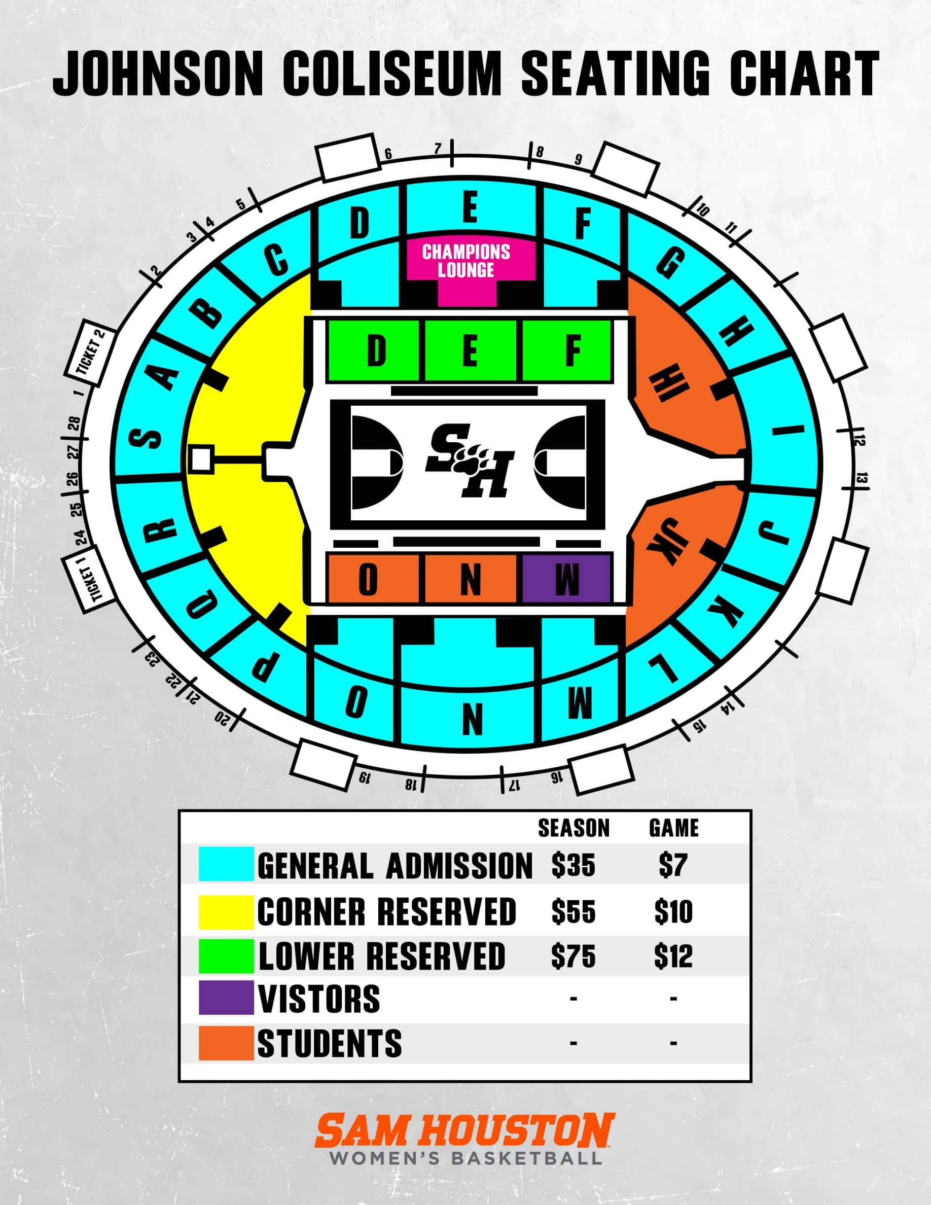 Bernard G. Johnson Coliseum: Seating chart, Women’s basketball — 2025–26 Johnson Coliseum sections. Use the source chart for section and row details.