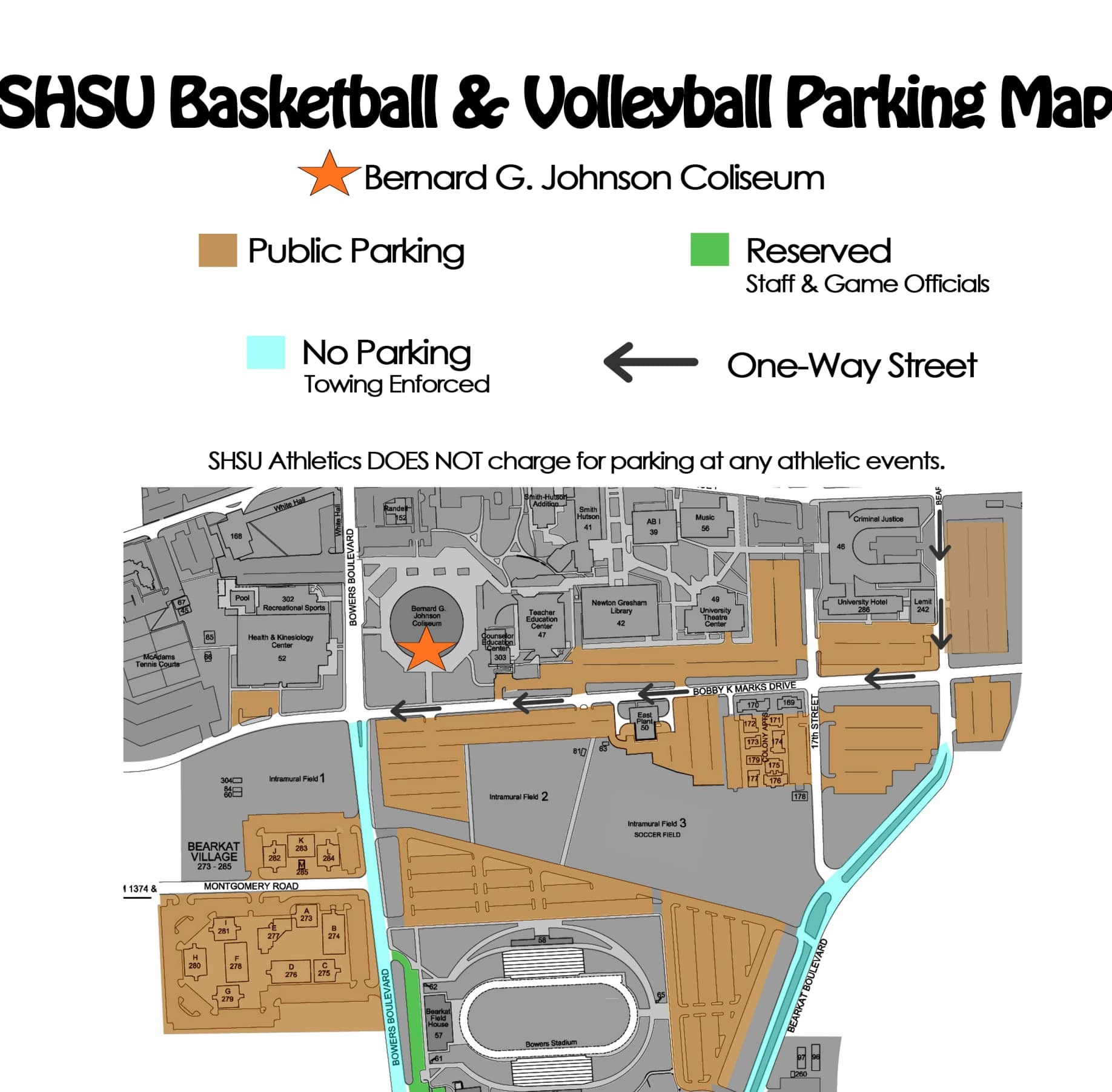 Bernard G. Johnson Coliseum: Venue layout, Basketball and volleyball — public and reserved parking. Use the original map for routes and visitor facilities.