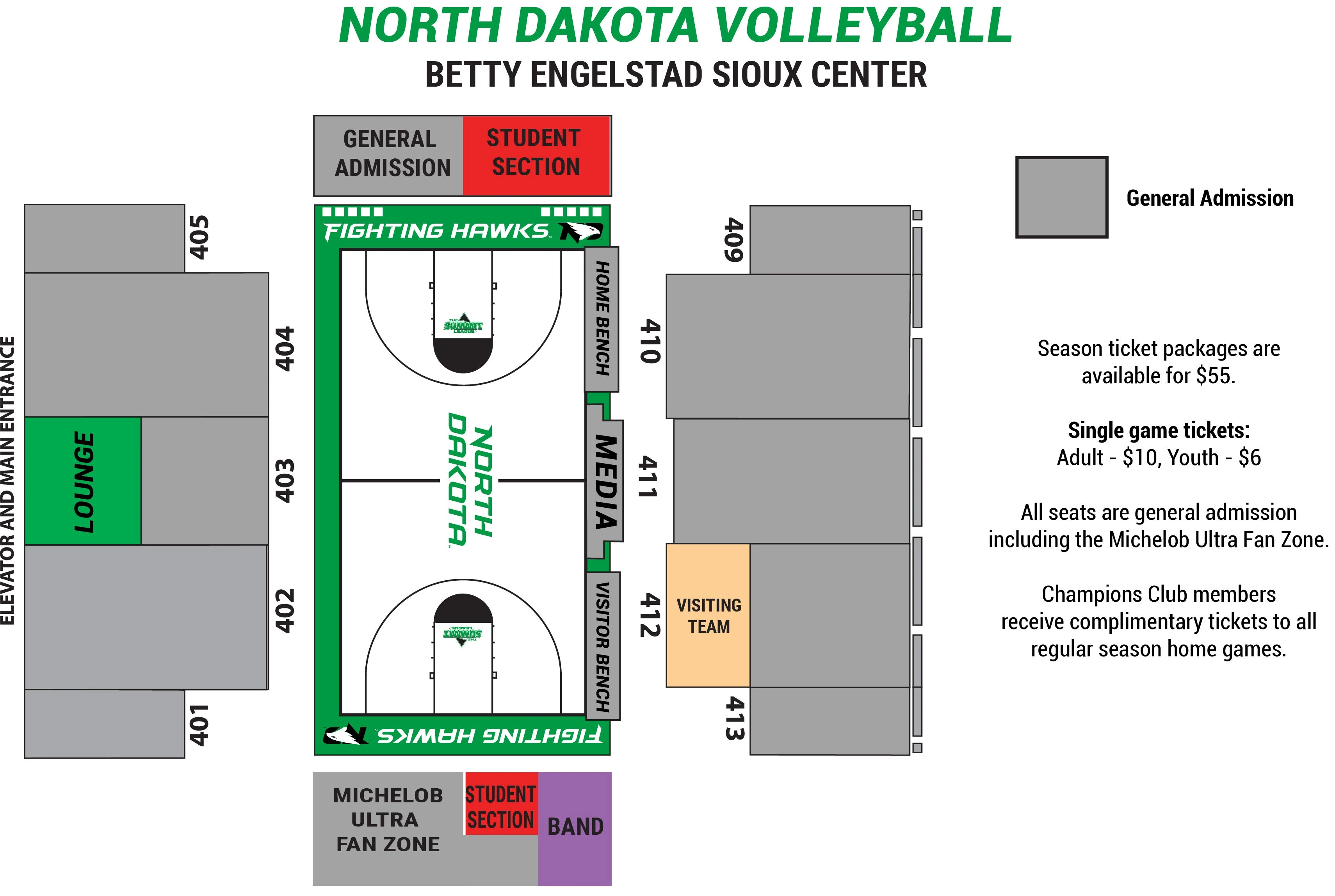 Betty Engelstad Sioux Center: Seating chart, Betty Engelstad Sioux Center — volleyball sections. Use the source chart for section and row details.