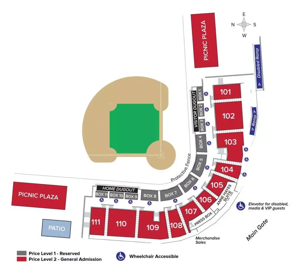 Nick Swisher Field at Bill Davis Stadium: Seating chart, Baseball. Use the source chart for section and row details.