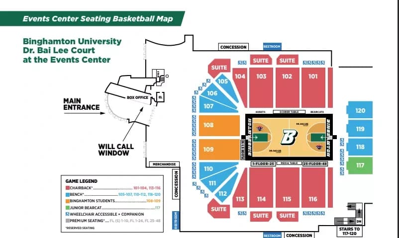 Binghamton University Events Center: Seating chart, Binghamton Events Center — campus basketball seating. Use the source chart for section and row details.