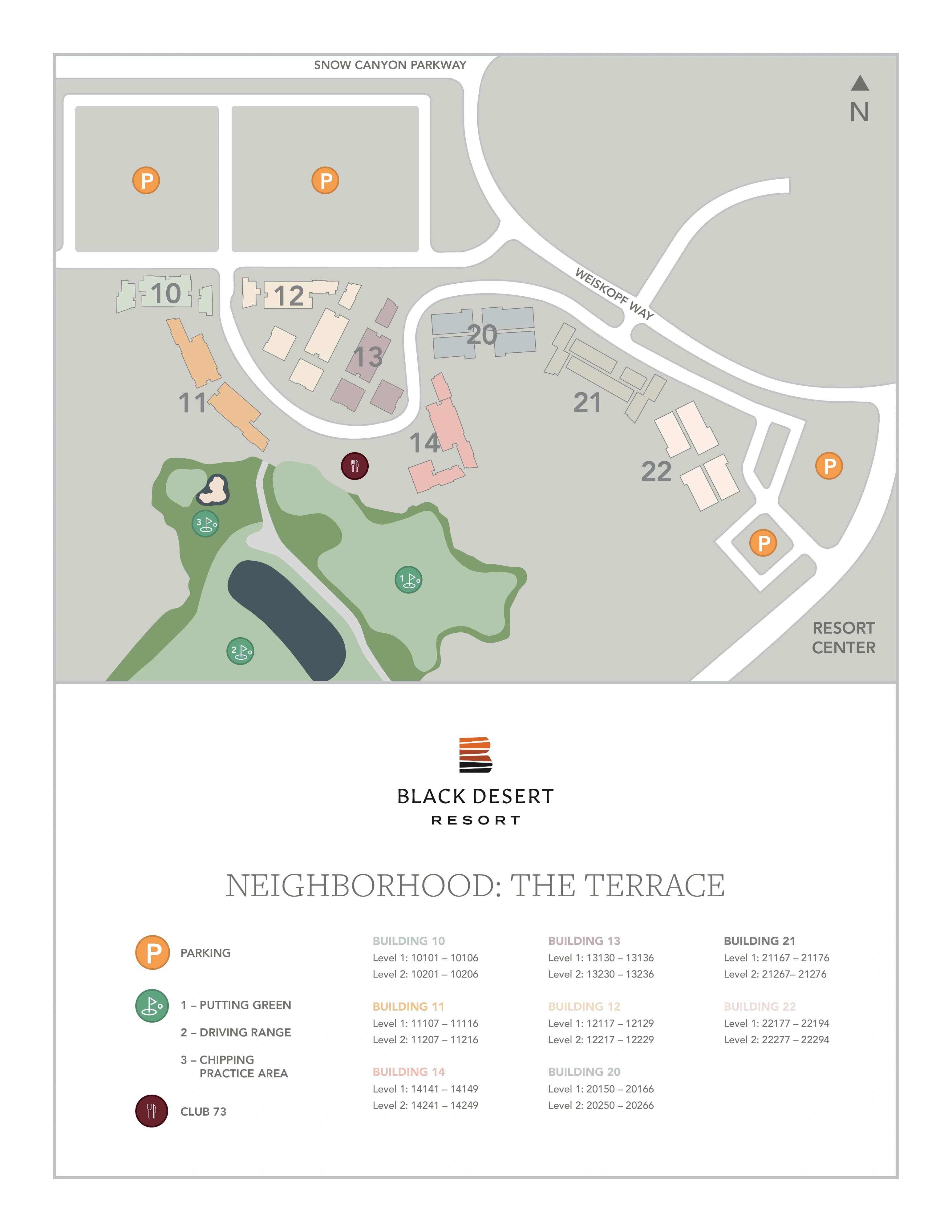 Black Desert Golf Course: Venue layout, Black Desert · Terrace parking and golf-practice orientation (2025). Use the original map for routes and visitor facilities.