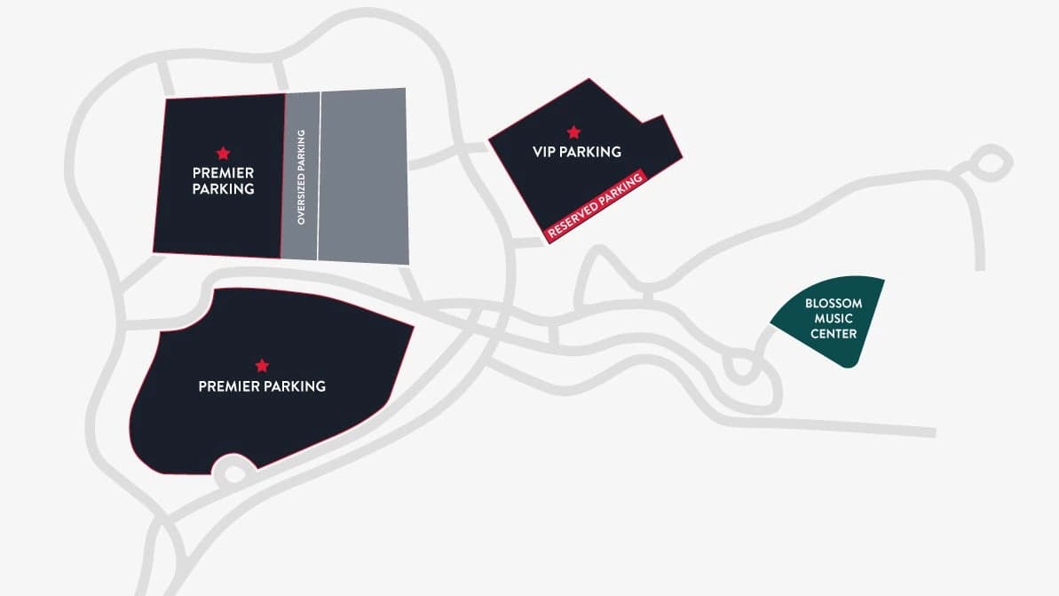 Blossom Music Center: Venue layout, Blossom Music Center — premium parking overview. Use the original map for routes and visitor facilities.