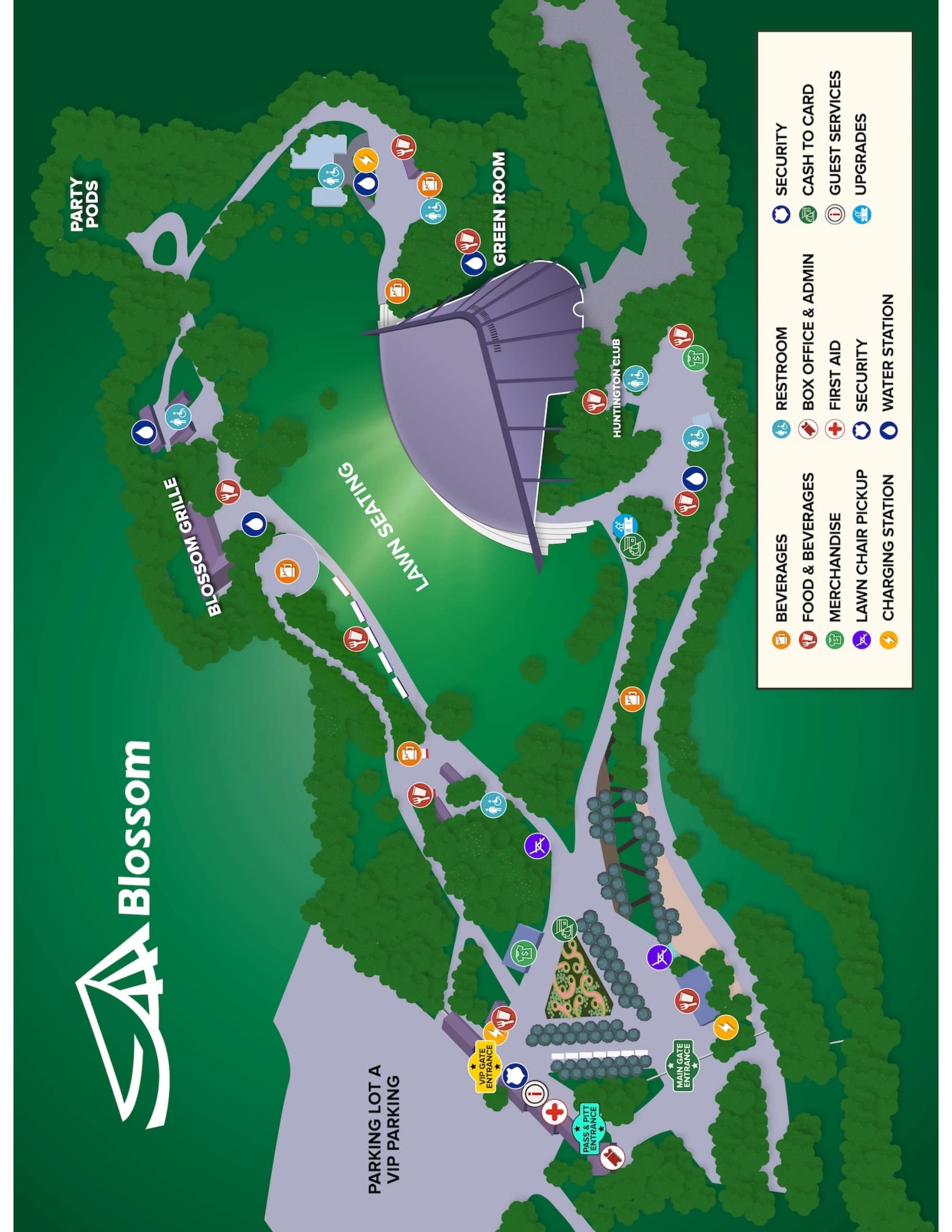 Blossom Music Center: Venue layout, Blossom Music Center — Live Nation grounds and amenities. Use the original map for routes and visitor facilities.