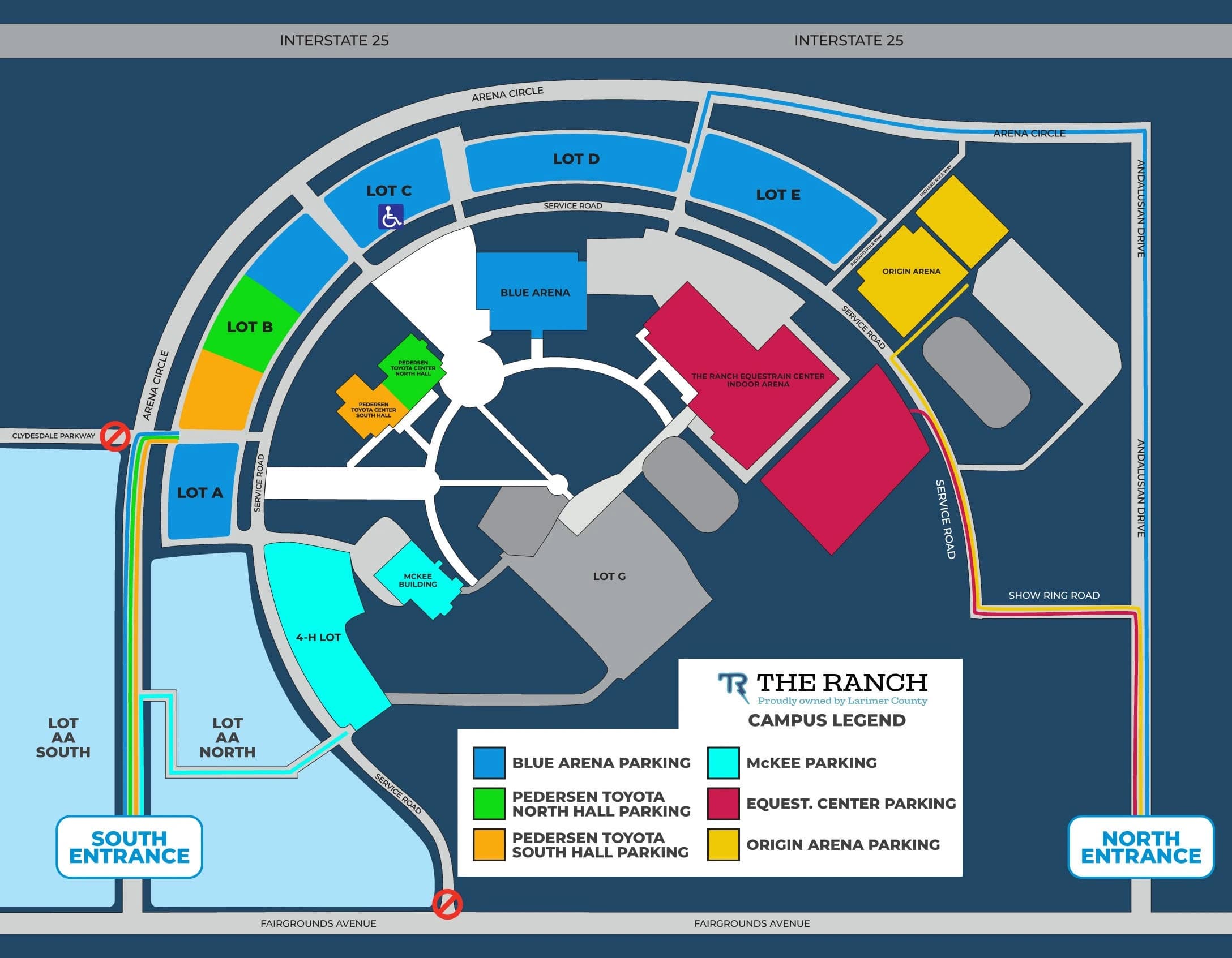 Blue Arena: Venue layout, Arrival · The Ranch campus lots and Blue Arena entrances. Use the original map for routes and visitor facilities.