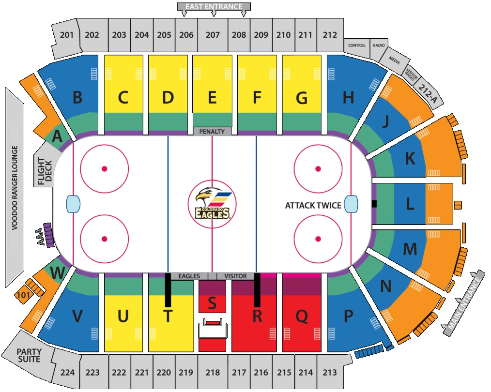 Blue Arena: Seating chart, Hockey. Use the source chart for section and row details.