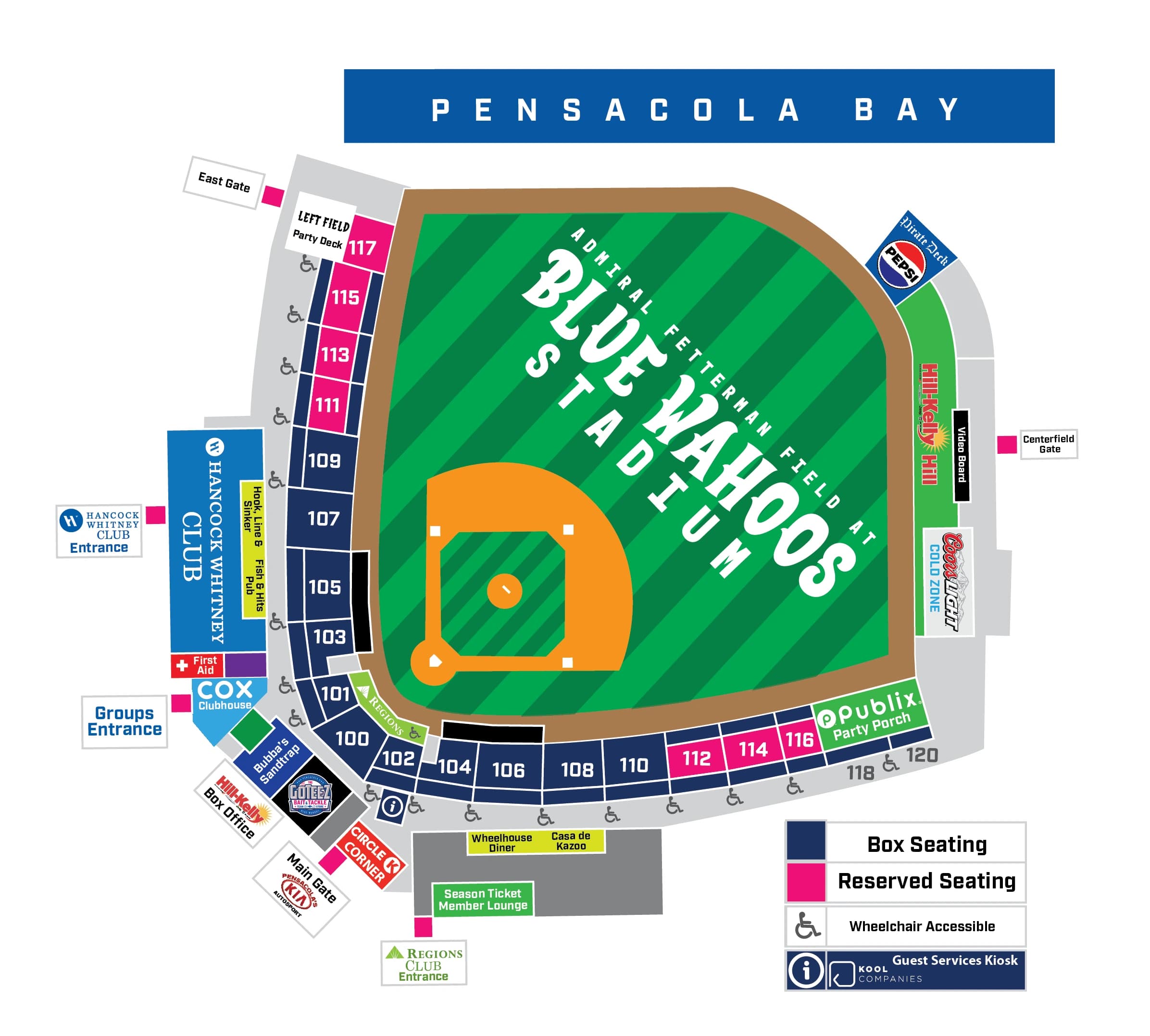 Blue Wahoos Stadium: Seating chart, Blue Wahoos Stadium — official numbered seating and bay orientation. Use the source chart for section and row details.
