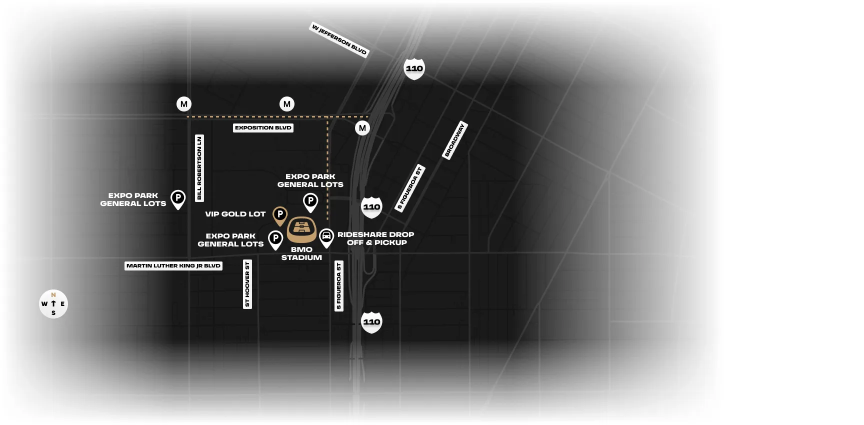 BMO Stadium: Venue layout, BMO Stadium — official complete approach, lot, transit and rideshare overview. Use the original map for routes and visitor facilities.