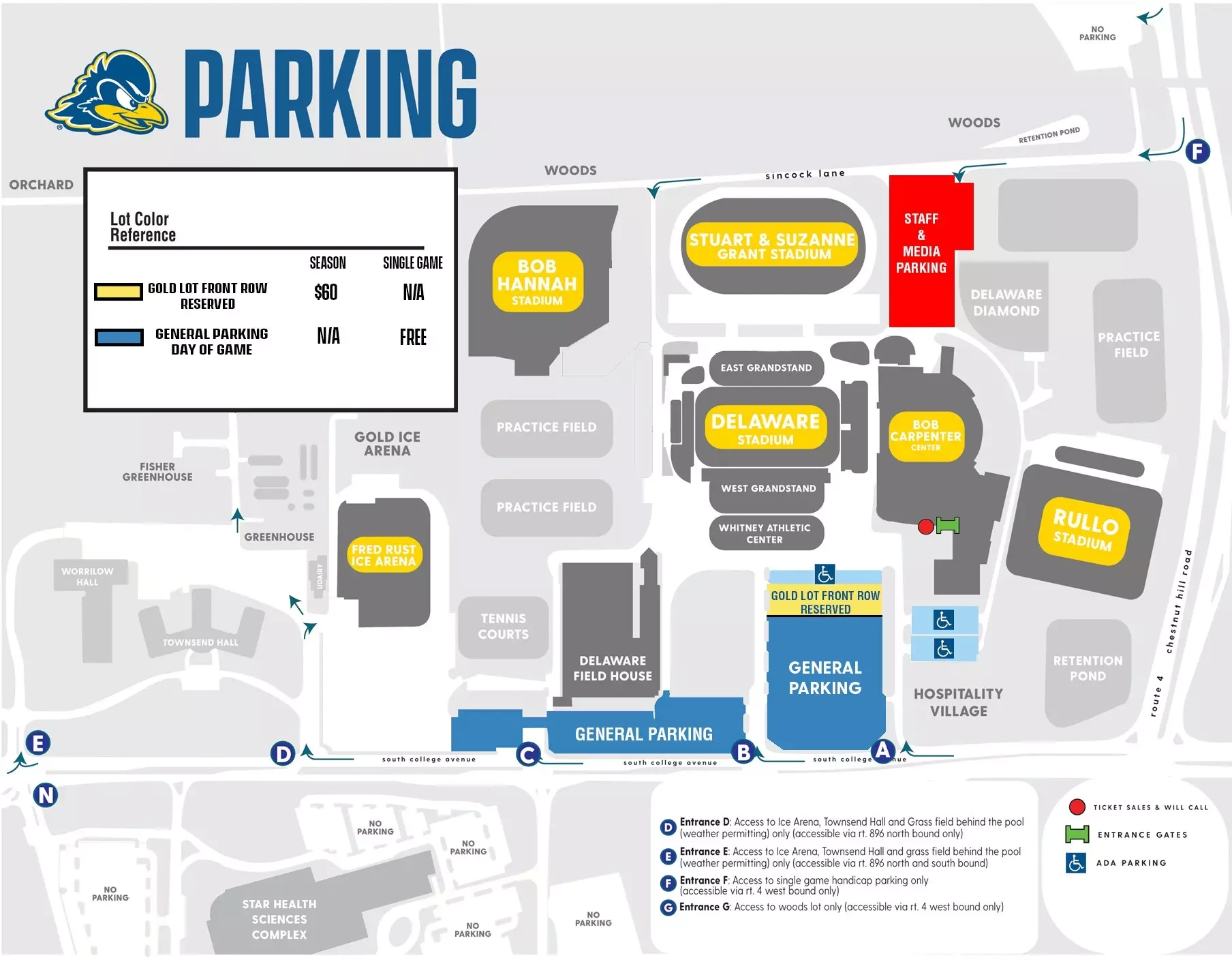 Bob Carpenter Center: Venue layout, Bob Carpenter Center — basketball parking and entry. Use the original map for routes and visitor facilities.