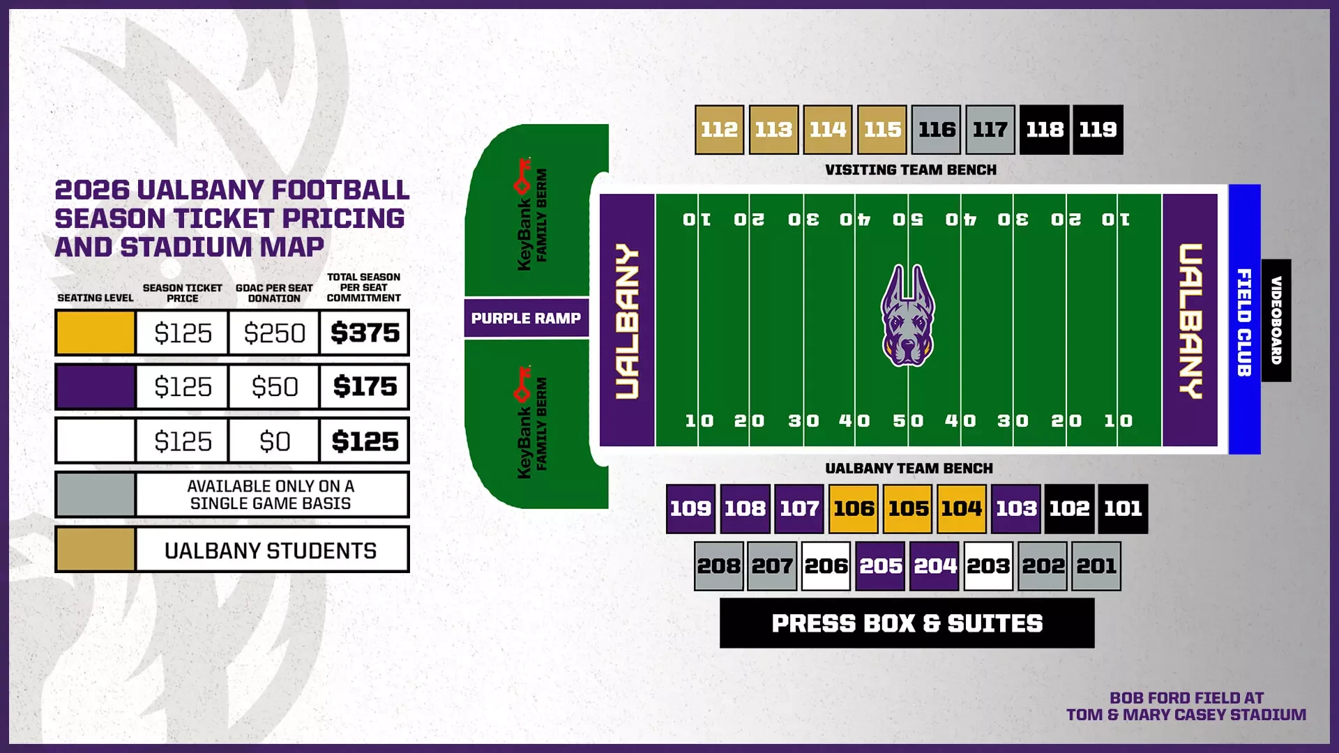 Bob Ford Field at Tom & Mary Casey Stadium: Seating chart, Football seating · 2026 ticket guide. Use the source chart for section and row details.