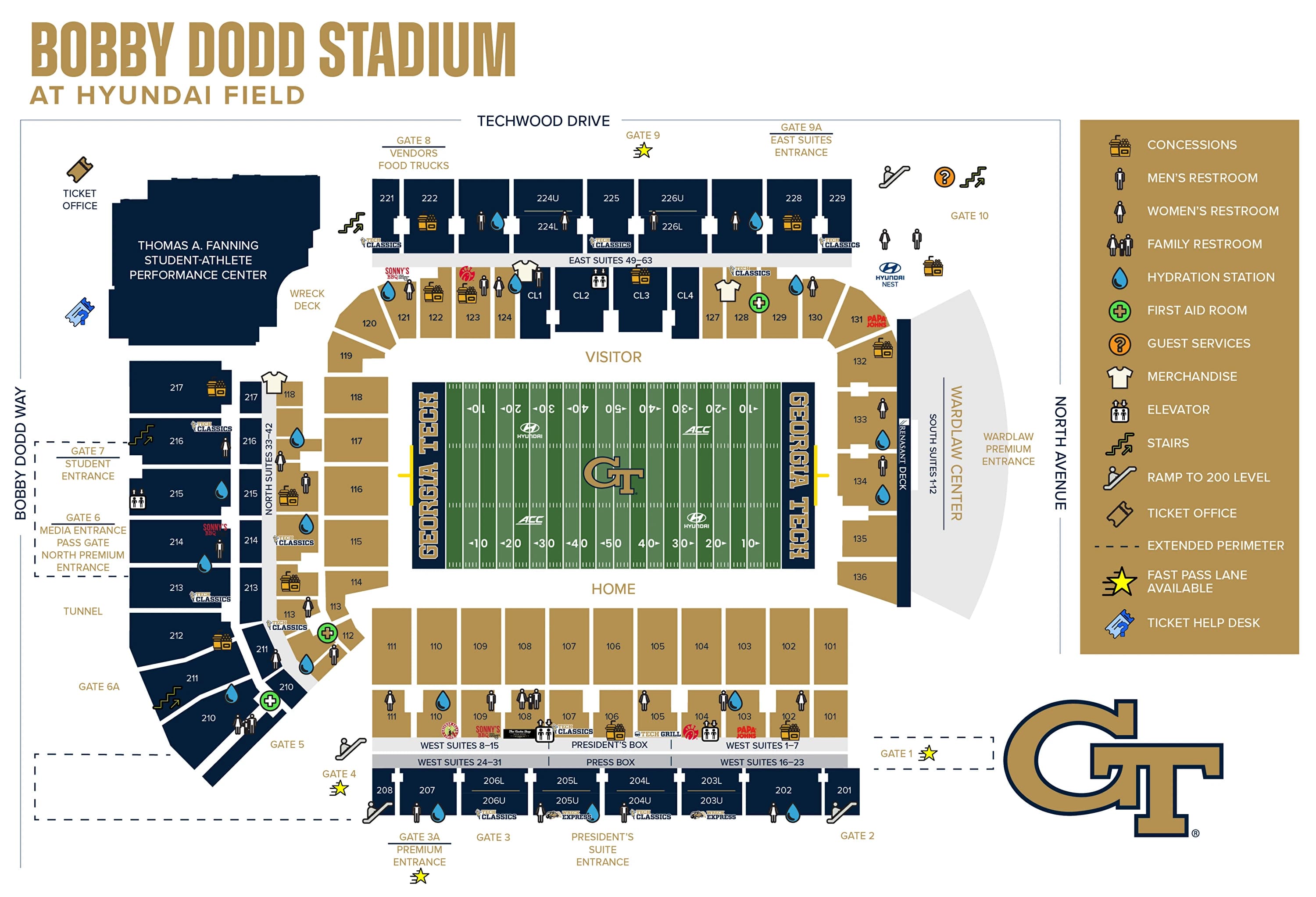 Bobby Dodd Stadium at Hyundai Field: Seating chart, Bobby Dodd Stadium at Hyundai Field — 2026 football sections and gates. Use the source chart for section and row details.