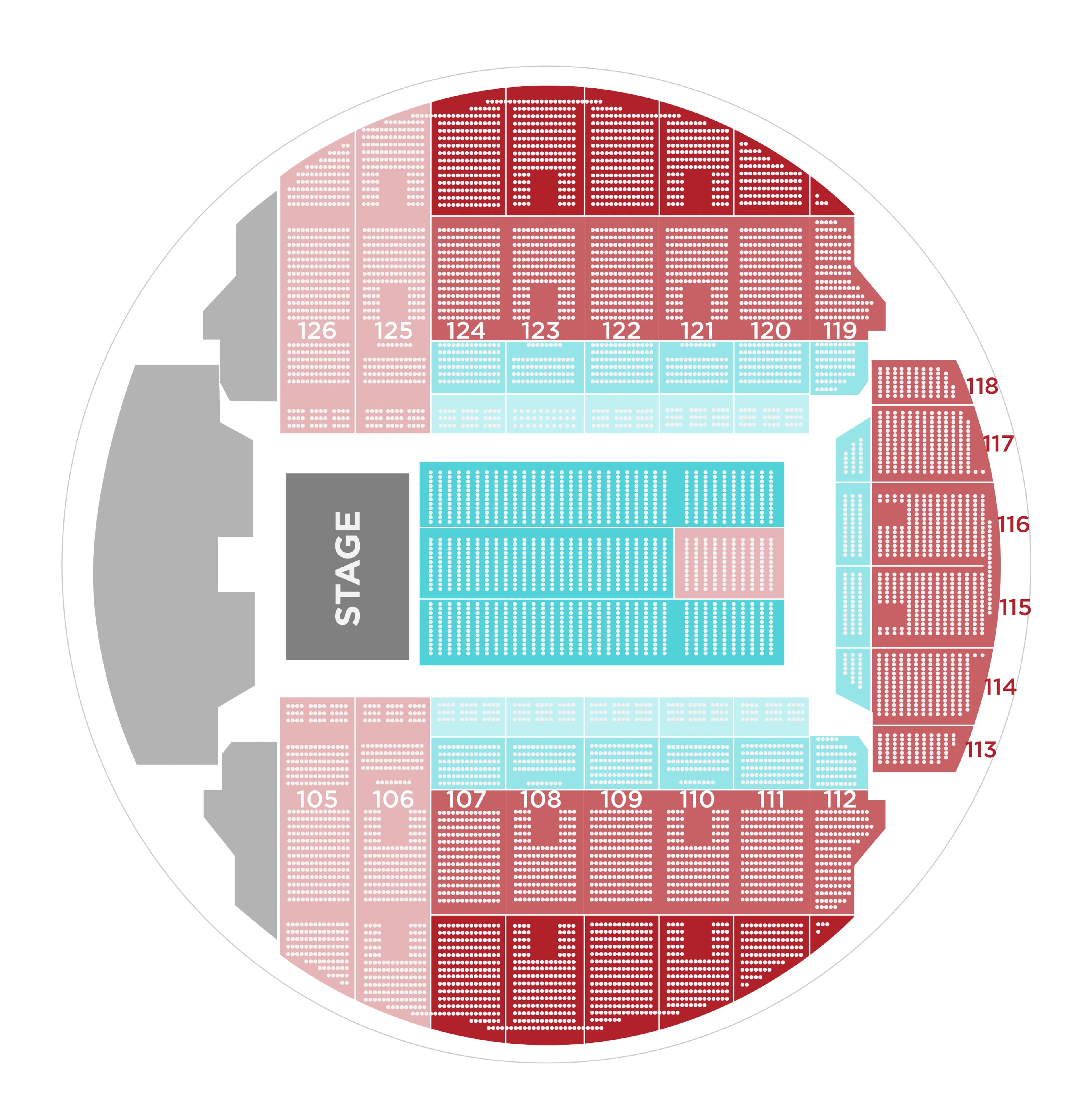 Bojangles Coliseum: Seating chart, Bojangles Coliseum — end-stage concert example. Use the source chart for section and row details.