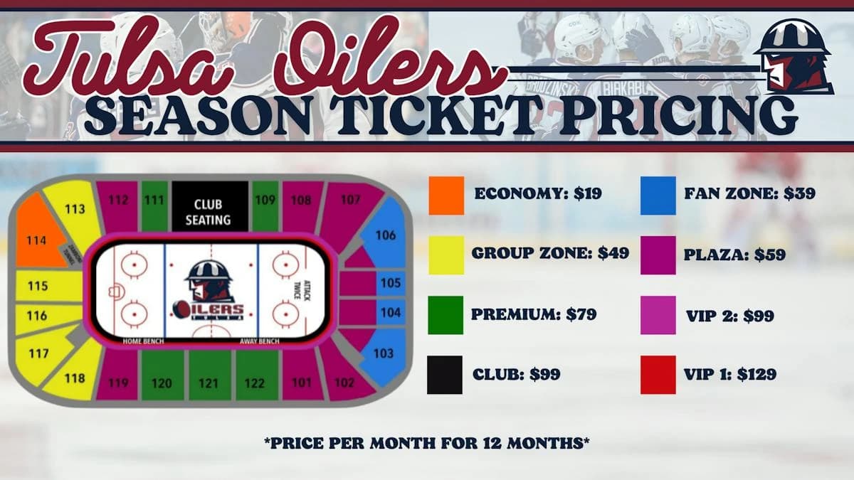 BOK Center: Seating chart, BOK Center — Oilers lower-bowl hockey season chart. Use the source chart for section and row details.