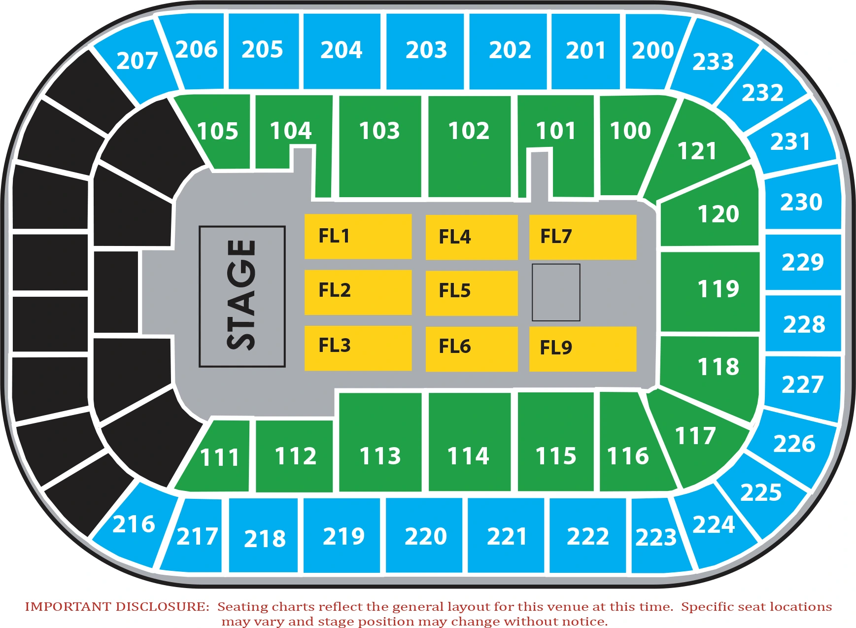 Bon Secours Wellness Arena: Seating chart, Bon Secours Wellness Arena — 270-degree end-stage concert. Use the source chart for section and row details.
