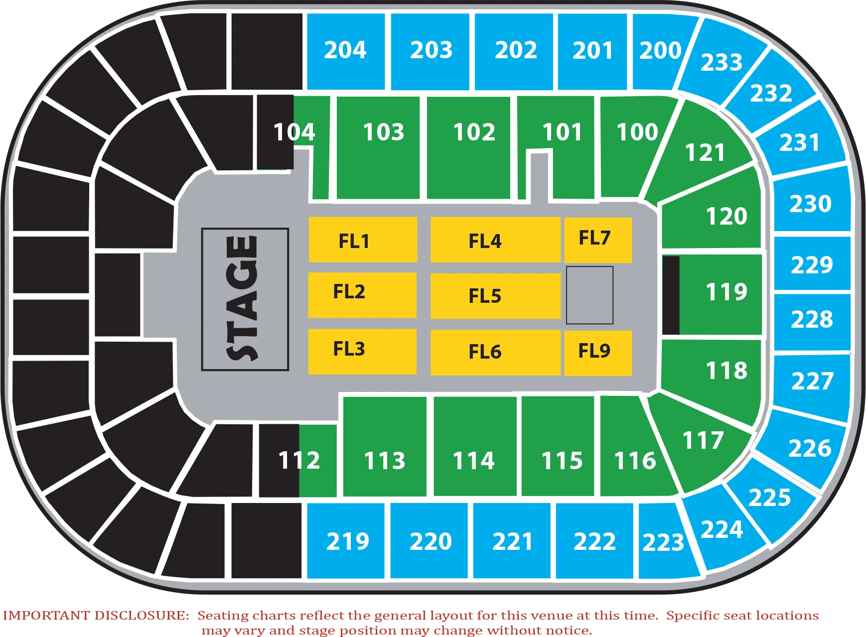 Bon Secours Wellness Arena: Seating chart, Bon Secours Wellness Arena — 180-degree end-stage concert. Use the source chart for section and row details.