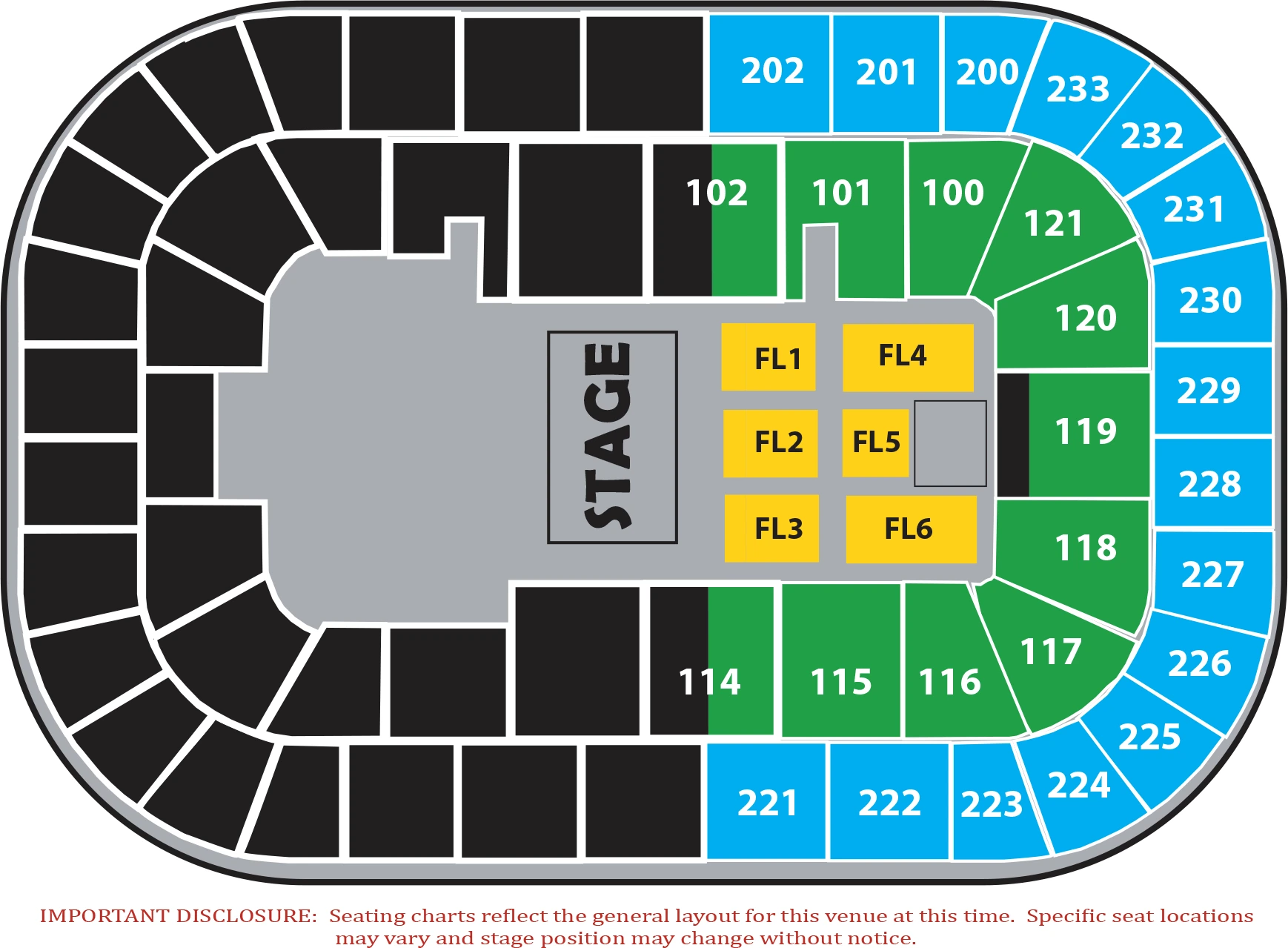 Bon Secours Wellness Arena: Seating chart, Bon Secours Wellness Arena — theatre end-stage concert. Use the source chart for section and row details.