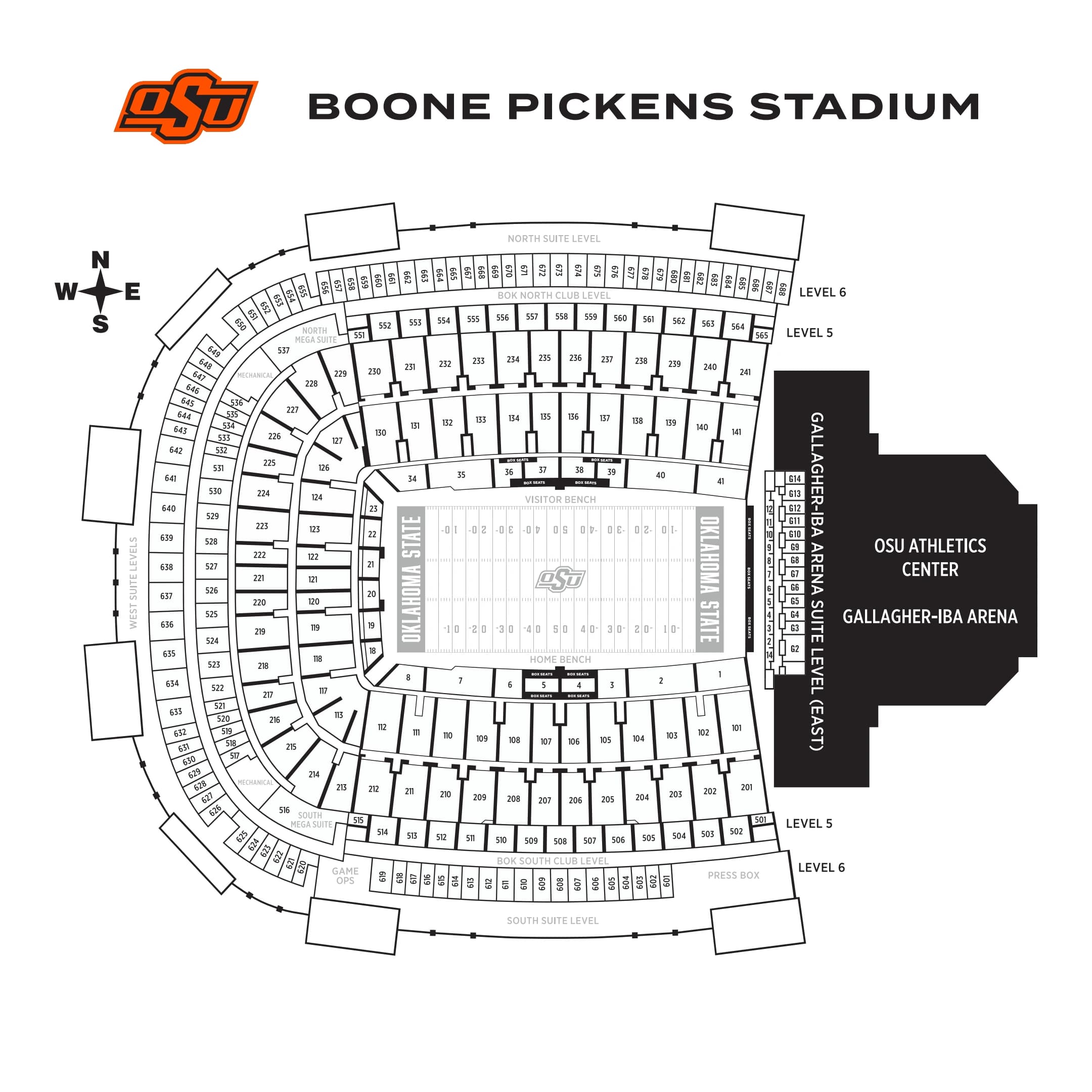 Boone Pickens Stadium: Seating chart, Boone Pickens Stadium — football sections and premium levels. Use the source chart for section and row details.