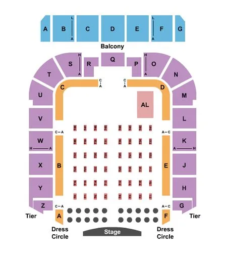 Boutwell Auditorium: Seating chart, End-stage concert seating example. Use the source chart for section and row details.
