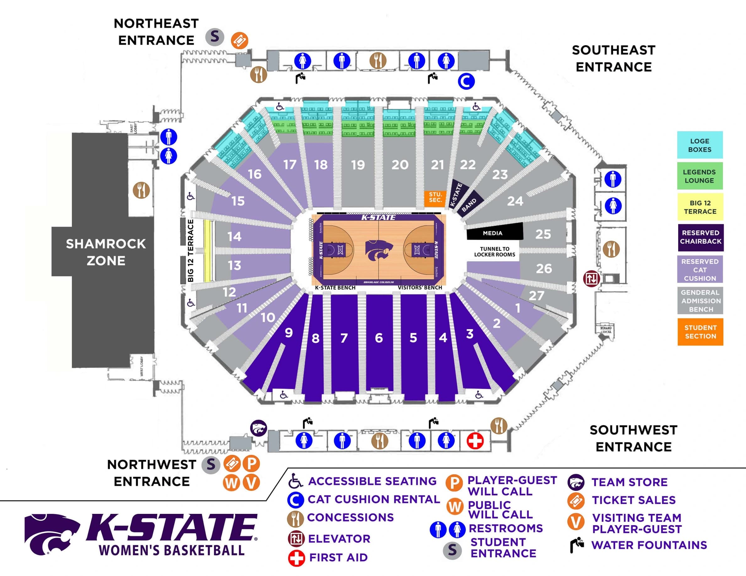 Bramlage Coliseum: Seating chart, Bramlage Coliseum — women’s basketball fan map, 2022–23 reference. Use the source chart for section and row details.