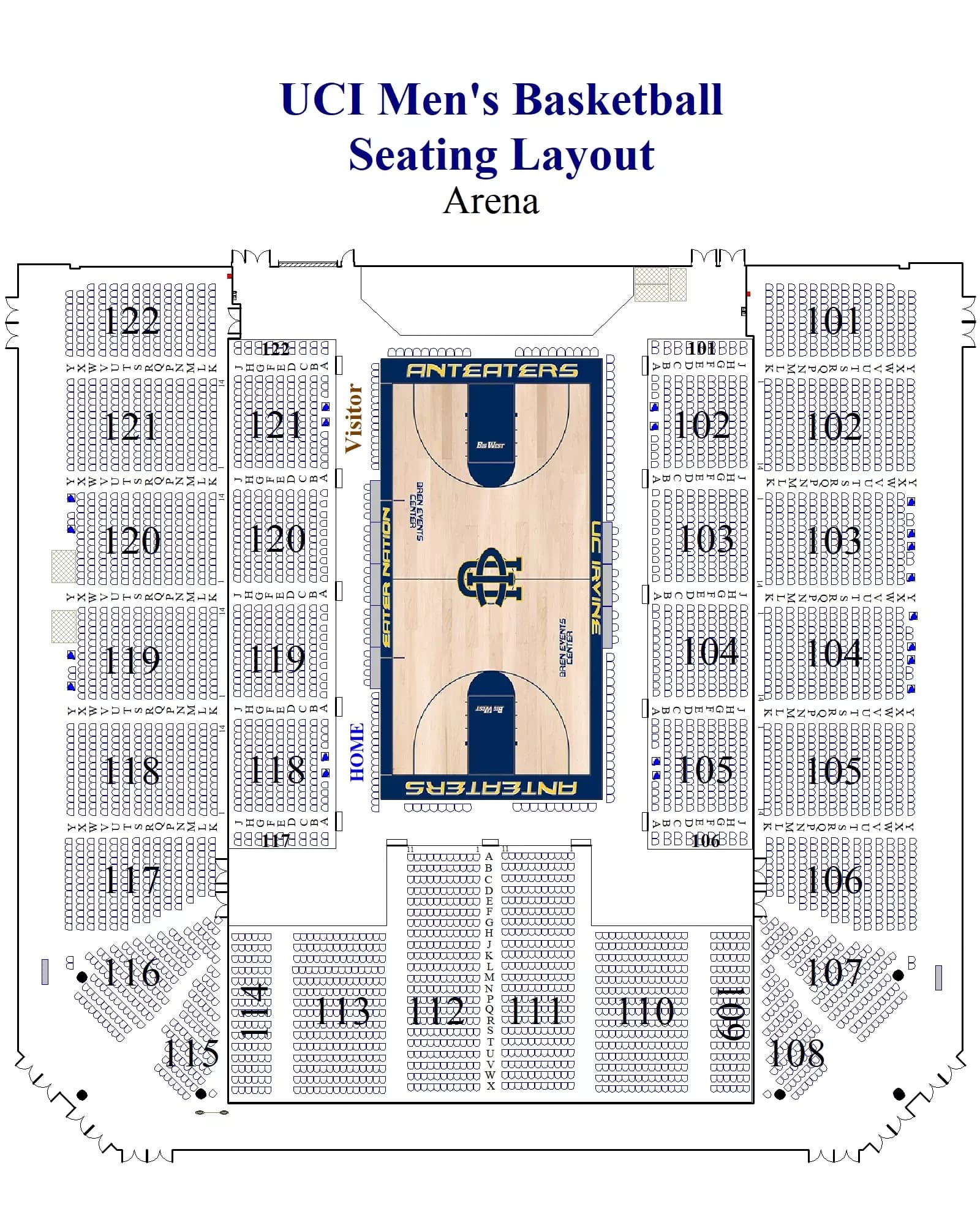 Bren Events Center: Seating chart, 2021 men’s basketball reference · sections, rows and bench sides. Use the source chart for section and row details.
