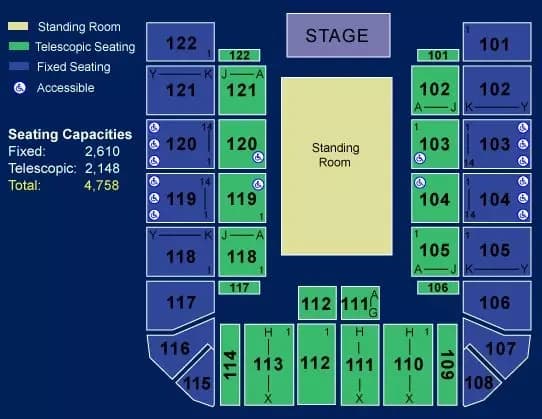 Bren Events Center: Venue layout, 2017 owner layout reference · general admission concert. Use the original map for routes and visitor facilities.
