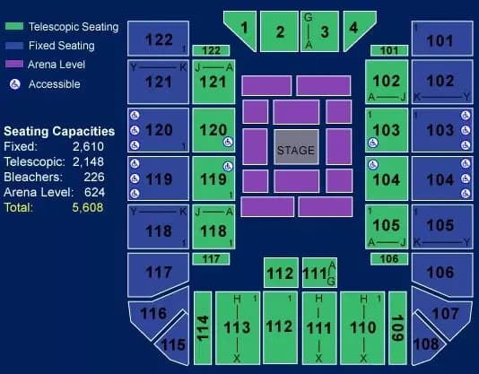 Bren Events Center: Venue layout, 2017 owner layout reference · performance / central stage. Use the original map for routes and visitor facilities.