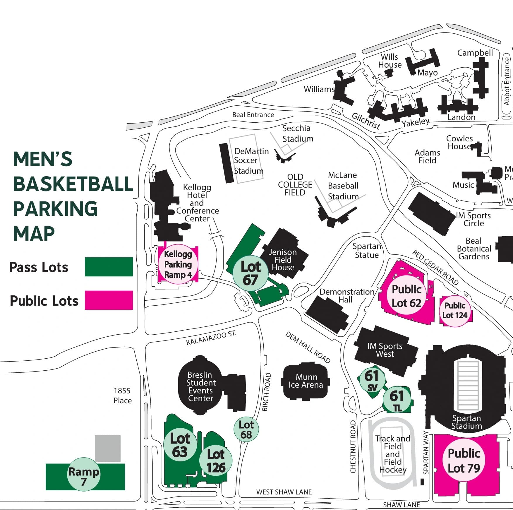 Breslin Student Events Center: Venue layout, Breslin men’s basketball public and pass parking — current-linked 2025 map. Use the original map for routes and visitor facilities.
