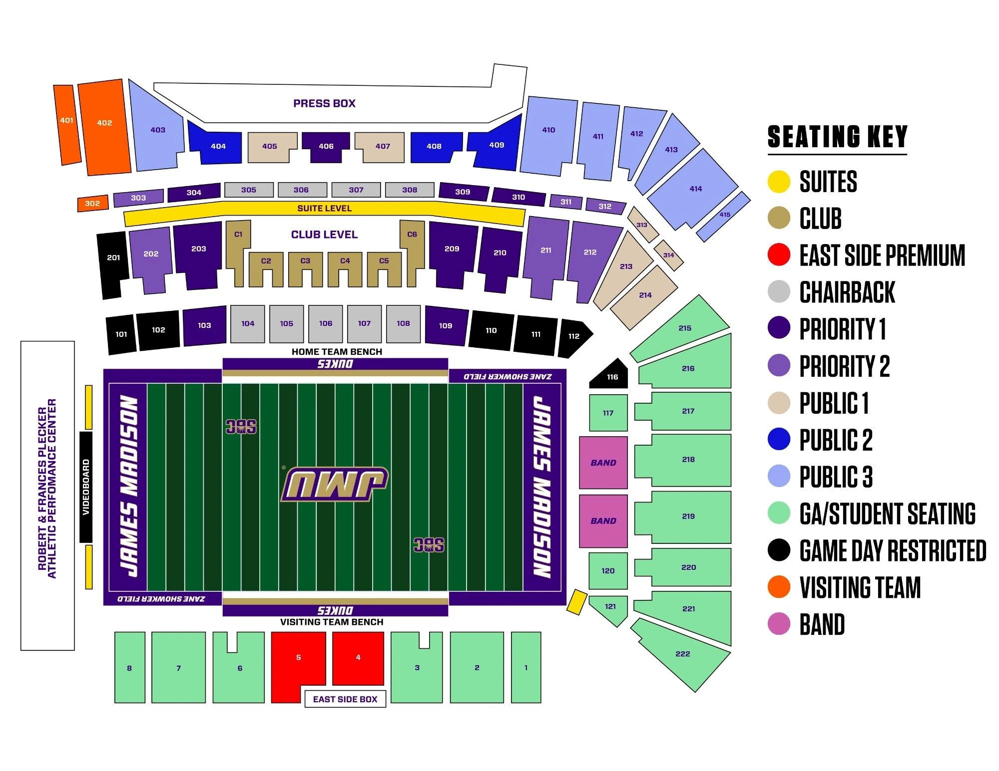 Bridgeforth Stadium / Zane Showker Field: Seating chart, Bridgeforth Stadium — official current-linked 2025 section chart. Use the source chart for section and row details.