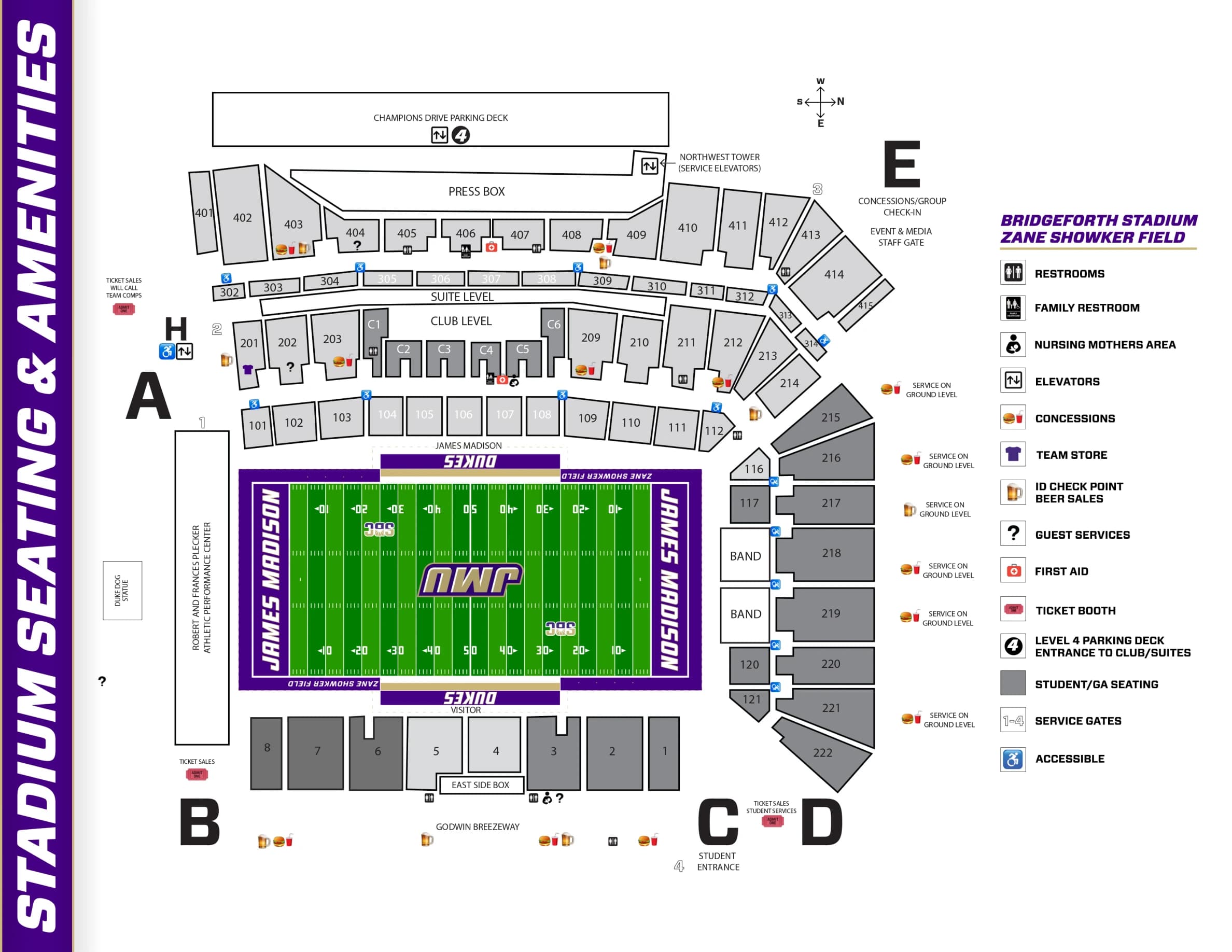 Bridgeforth Stadium / Zane Showker Field: Seating chart, Bridgeforth Stadium — official August 2026 seating and amenities map. Use the source chart for section and row details.
