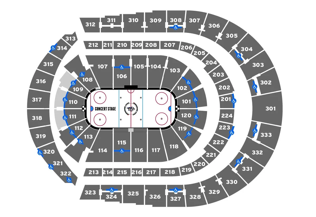 Bridgestone Arena: Seating chart, Hockey seating with accessible seating locations. Use the source chart for section and row details.