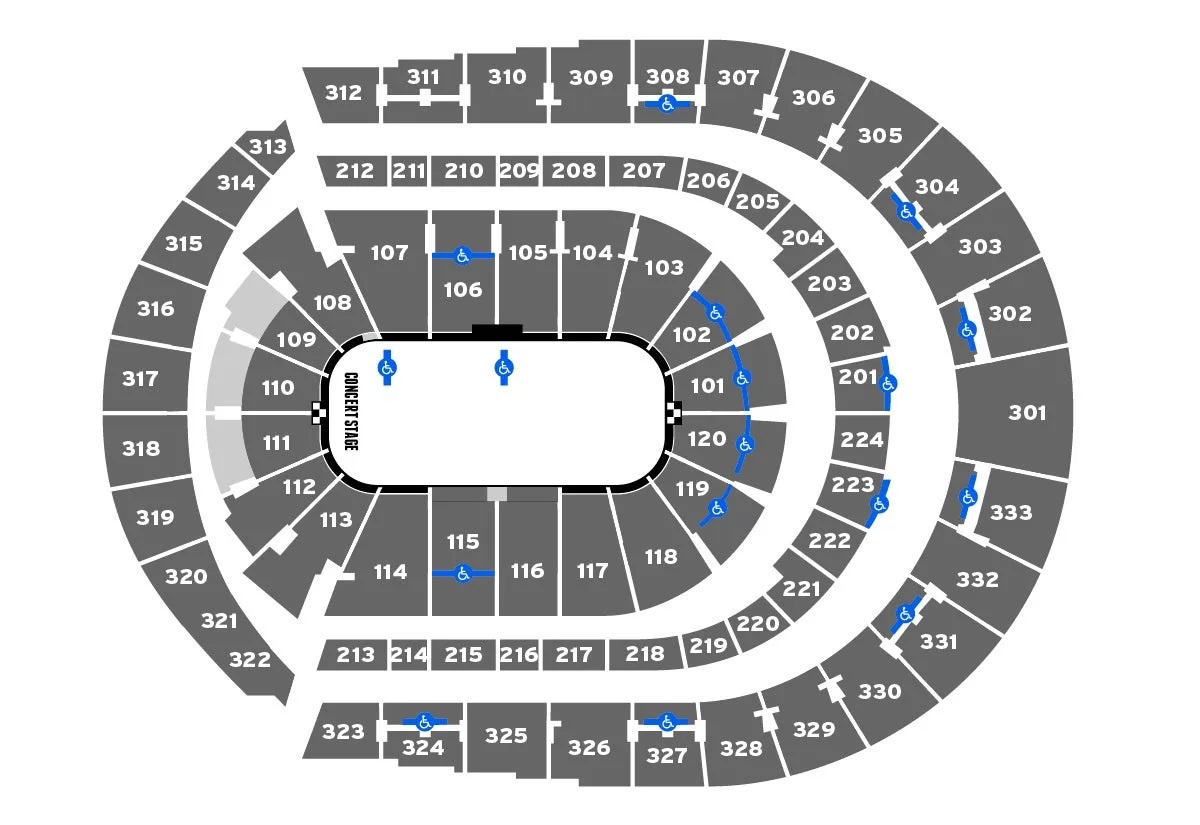 Bridgestone Arena: Seating chart, Concert bowl seating with accessible seating locations. Use the source chart for section and row details.