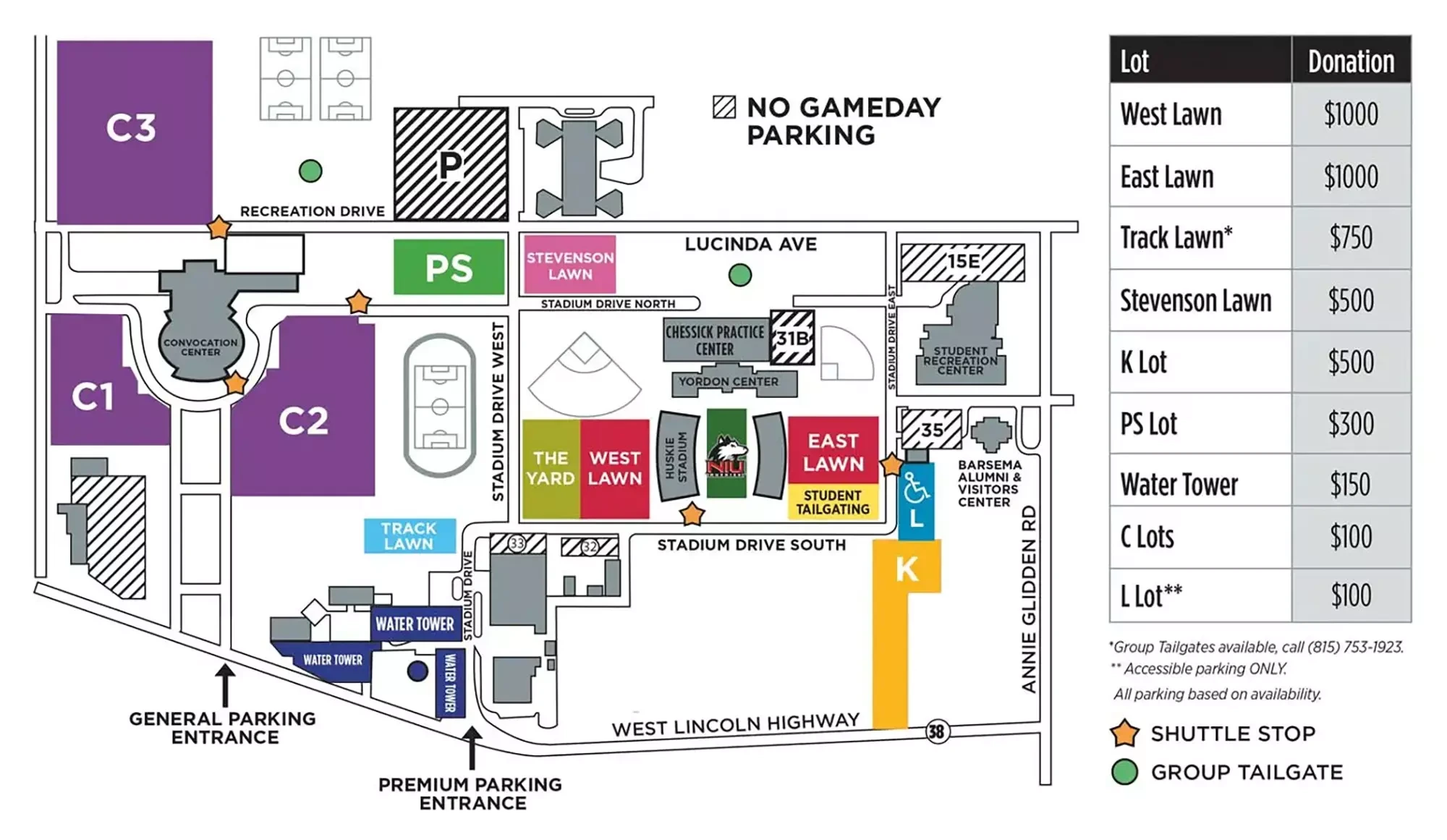 Brigham Field at Huskie Stadium: Venue layout, Football parking · 2026. Use the original map for routes and visitor facilities.