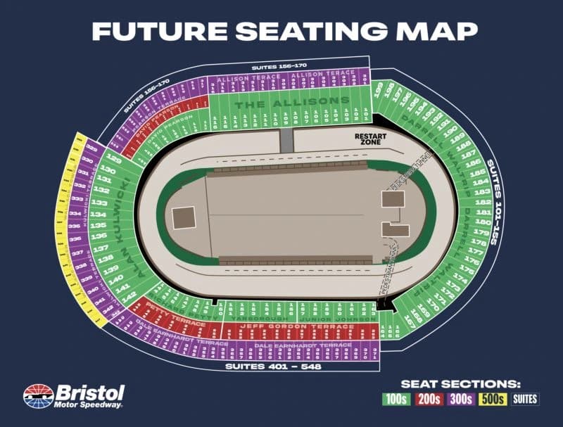 Bristol Motor Speedway: Seating chart, NASCAR grandstands — new 2027 section numbering. Use the source chart for section and row details.