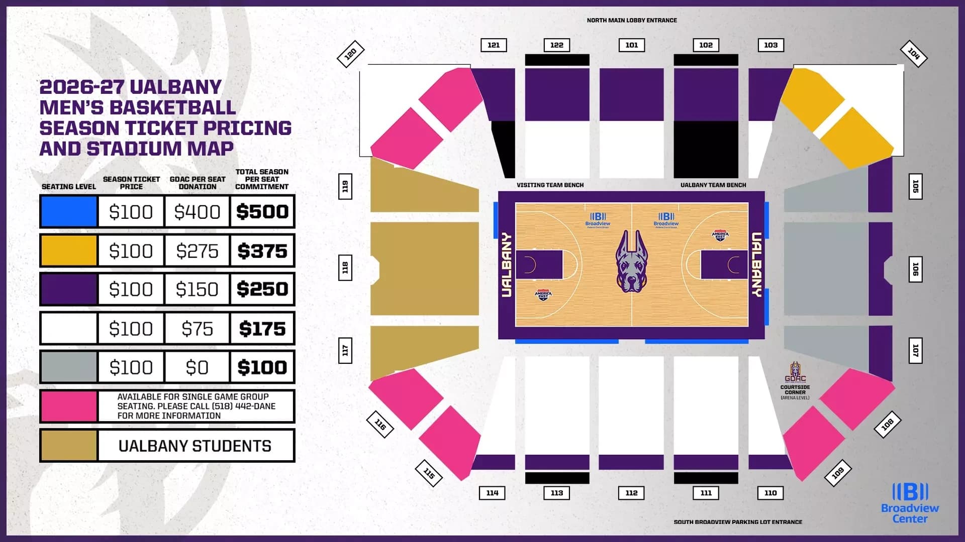 Broadview Center: Seating chart, Broadview Center — 2026–27 basketball seating. Use the source chart for section and row details.