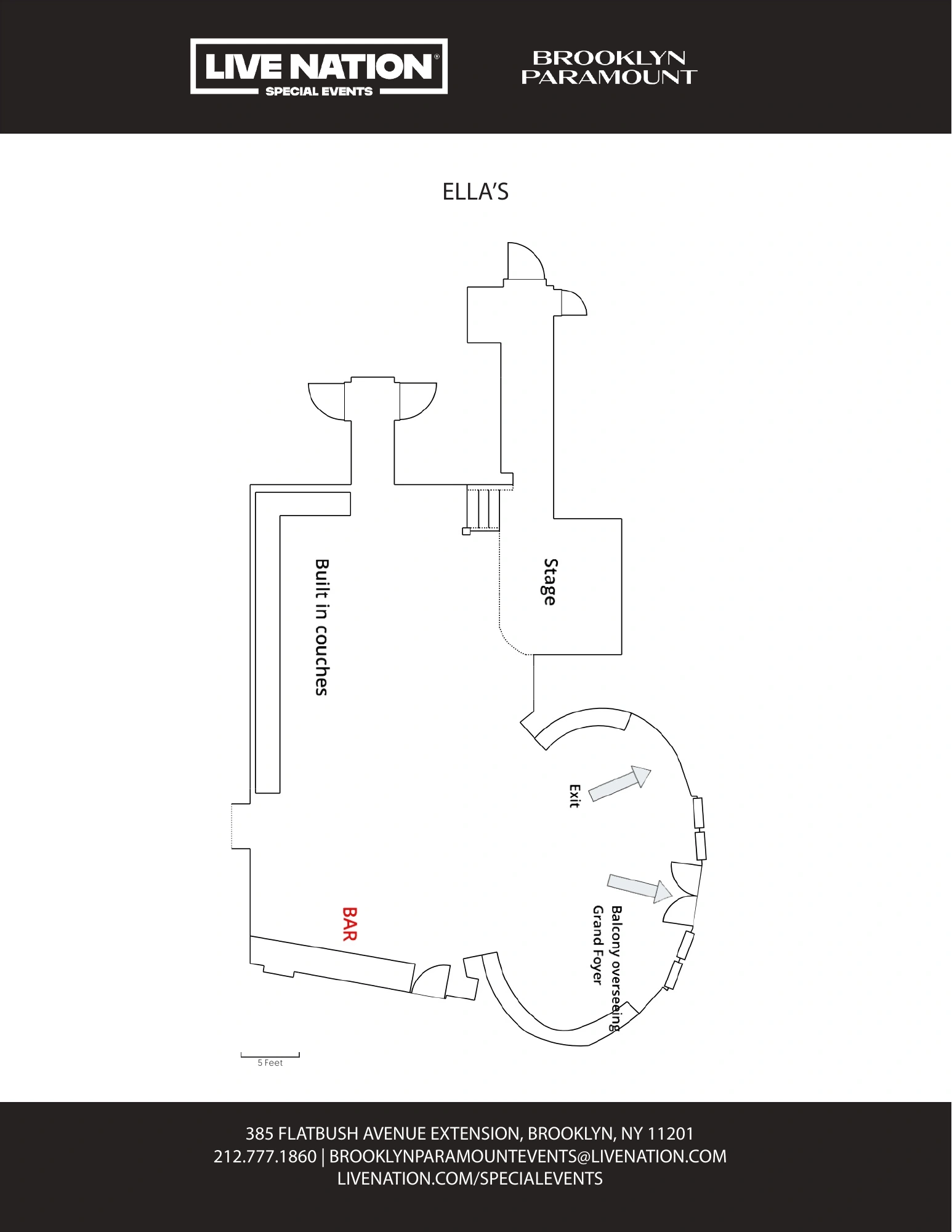 Brooklyn Paramount: Venue layout, Ella’s · owner-linked 2024-file private-event floor plan. Use the original map for routes and visitor facilities.