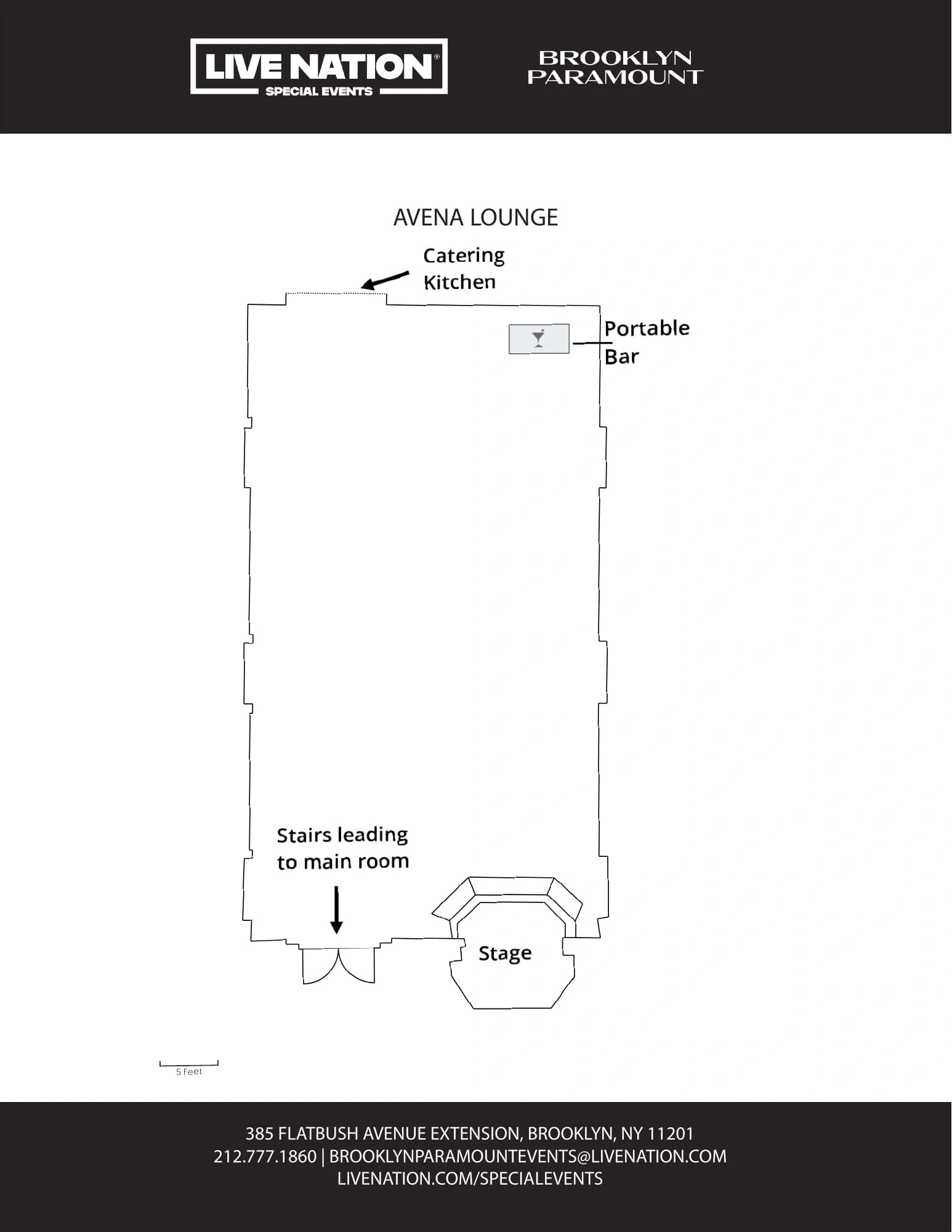 Brooklyn Paramount: Venue layout, Avena Lounge · owner-linked 2024-file private-event floor plan. Use the original map for routes and visitor facilities.