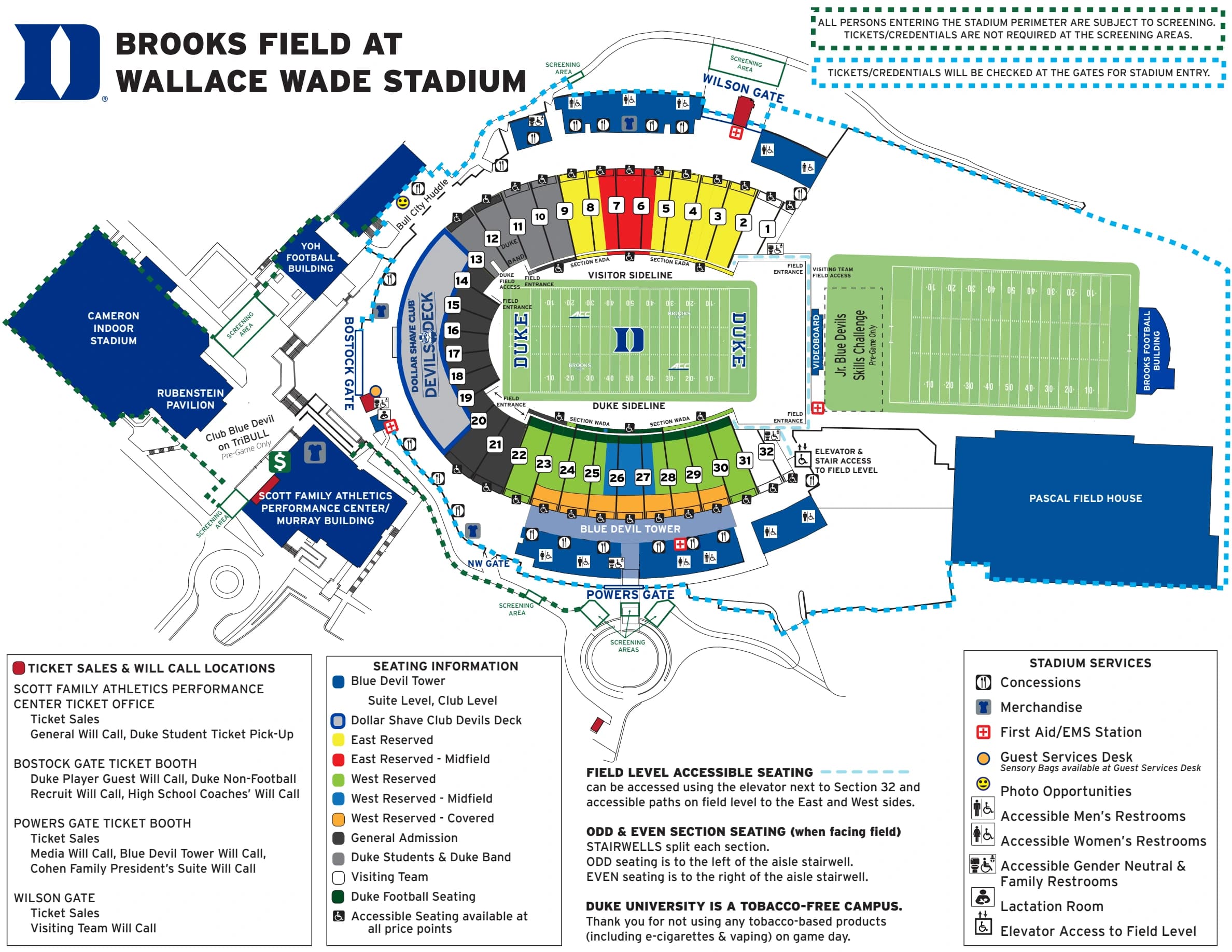 Brooks Field at Wallace Wade Stadium: Seating chart, Duke — football sections, Devils Deck and entry gates. Use the source chart for section and row details.