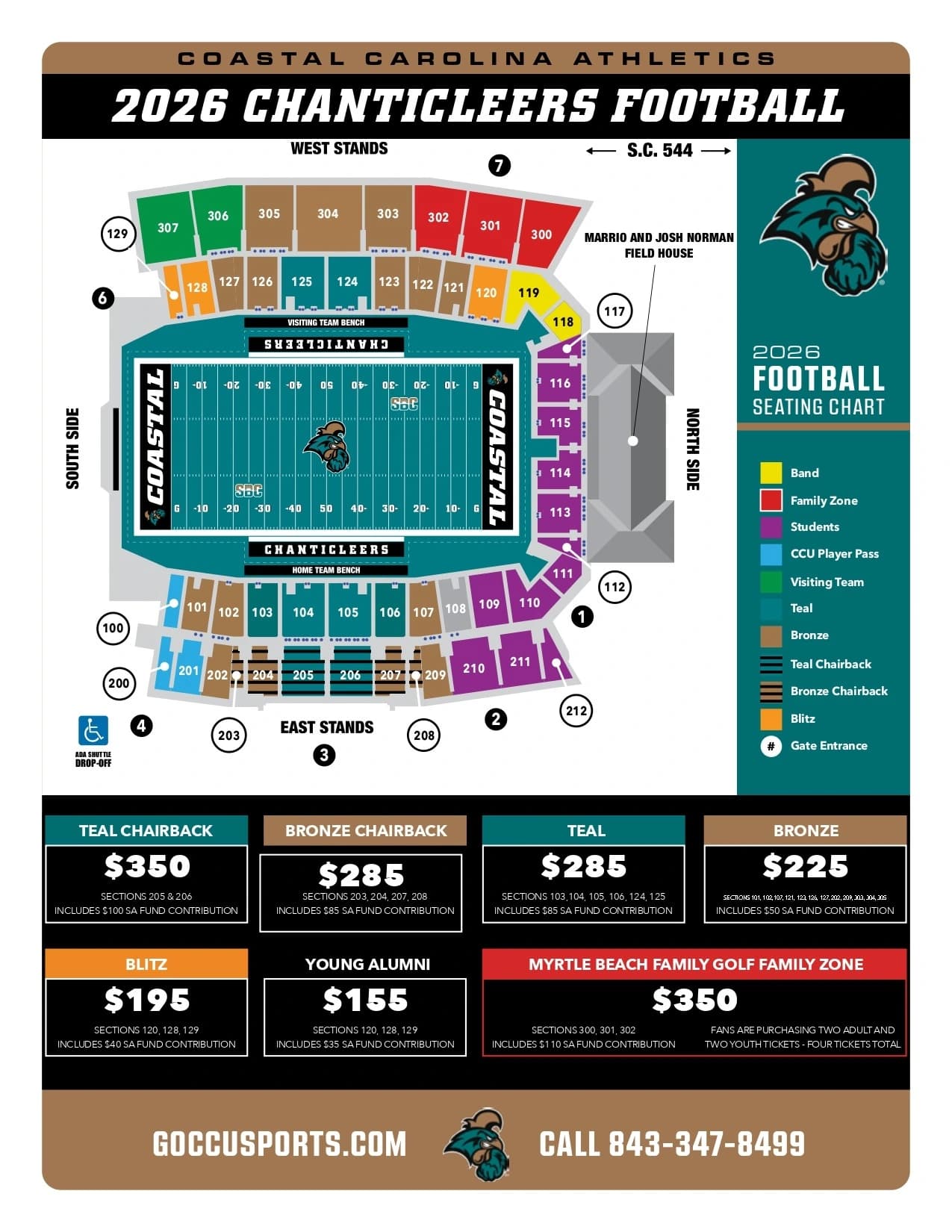 Brooks Stadium: Seating chart, Coastal Carolina — official 2026 Brooks Stadium football seating plan. Use the source chart for section and row details.