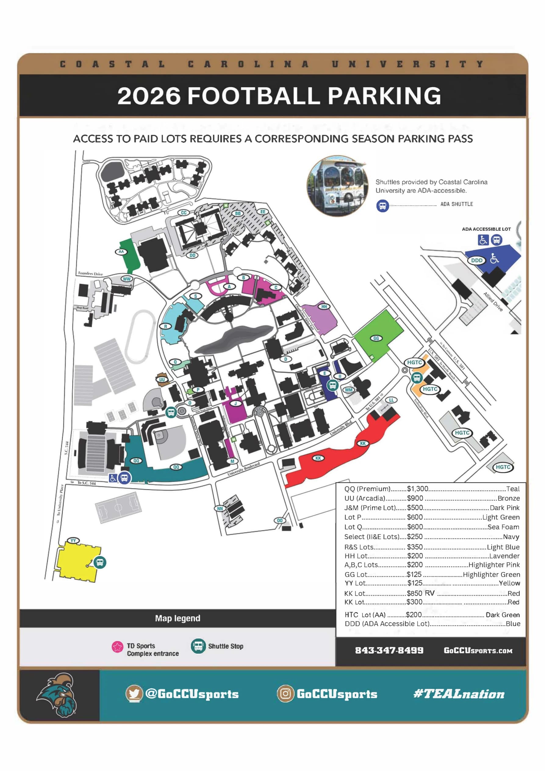 Brooks Stadium: Venue layout, Coastal Carolina — official 2026 football parking and accessible-shuttle plan. Use the original map for routes and visitor facilities.