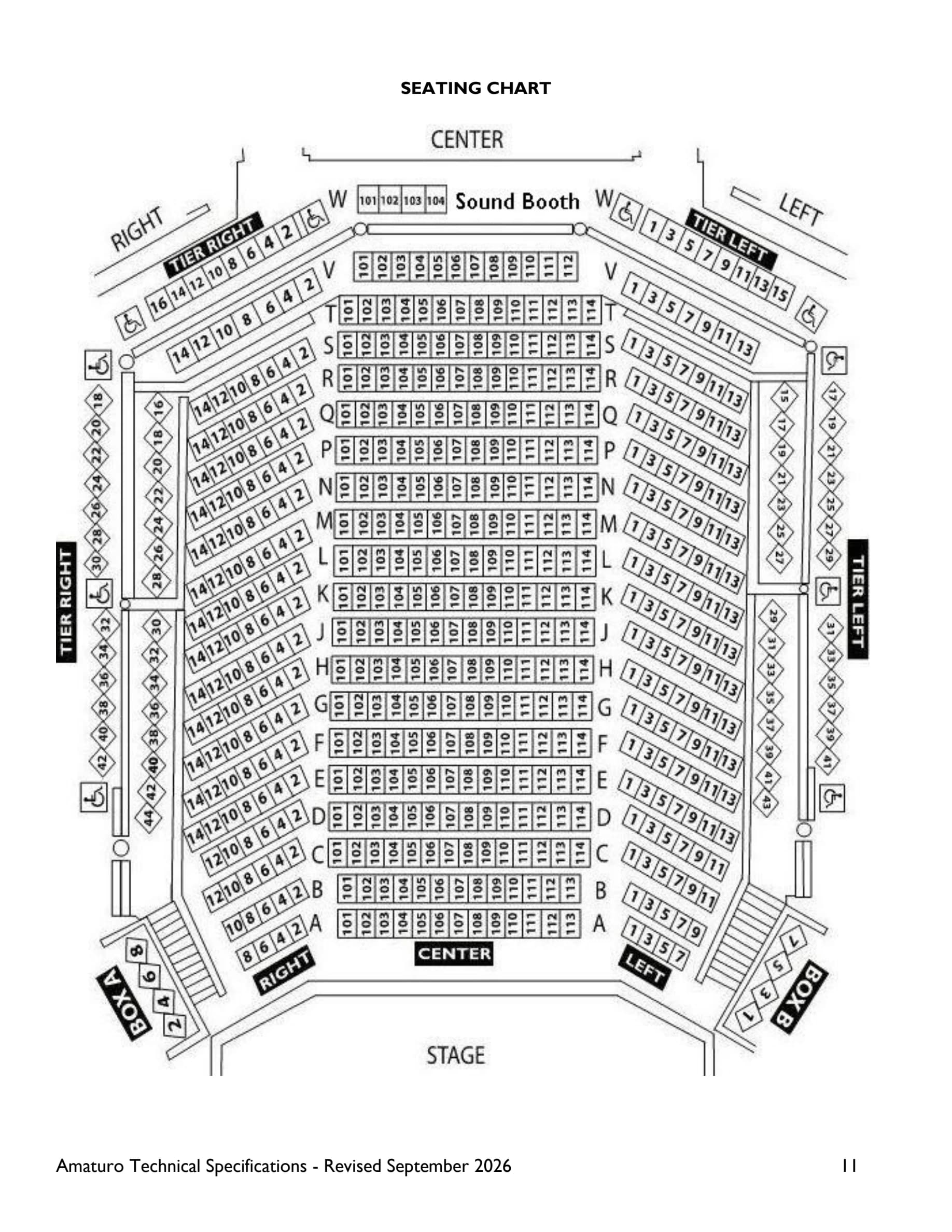 Broward Center for the Performing Arts: Seating chart, Amaturo Theater — September 2026 numbered seating chart. Use the source chart for section and row details.