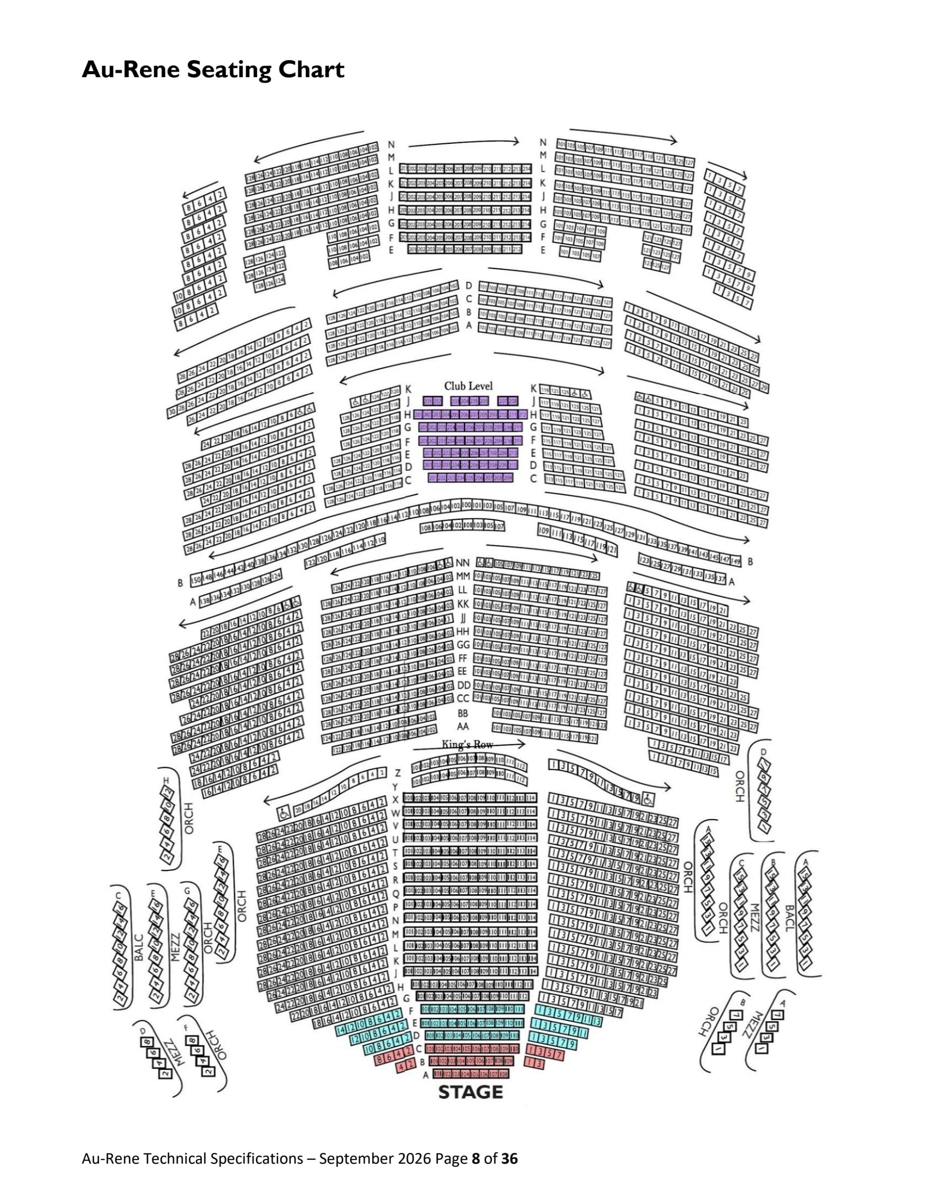 Broward Center for the Performing Arts: Seating chart, Au-Rene Theater — September 2026 numbered seating chart. Use the source chart for section and row details.