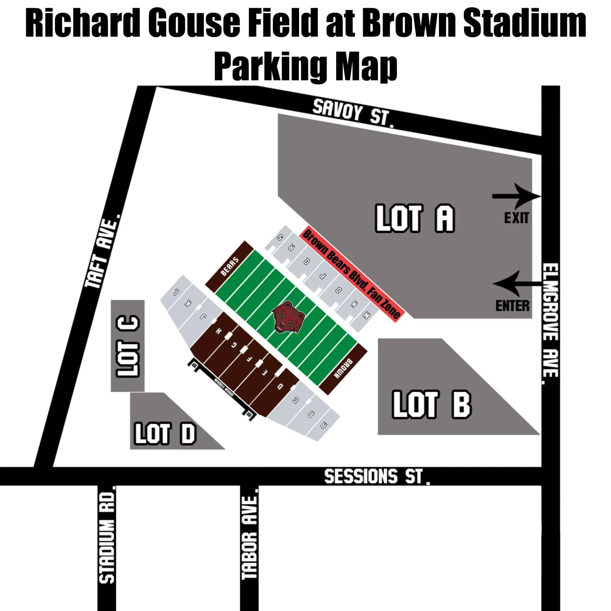Brown Stadium: Venue layout, Football parking · older official map. Use the original map for routes and visitor facilities.