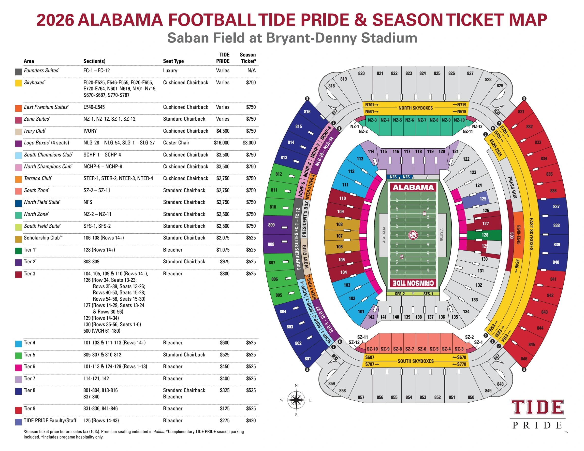 Bryant-Denny Stadium: Seating chart, Bryant-Denny Stadium — 2026 Alabama football seating. Use the source chart for section and row details.