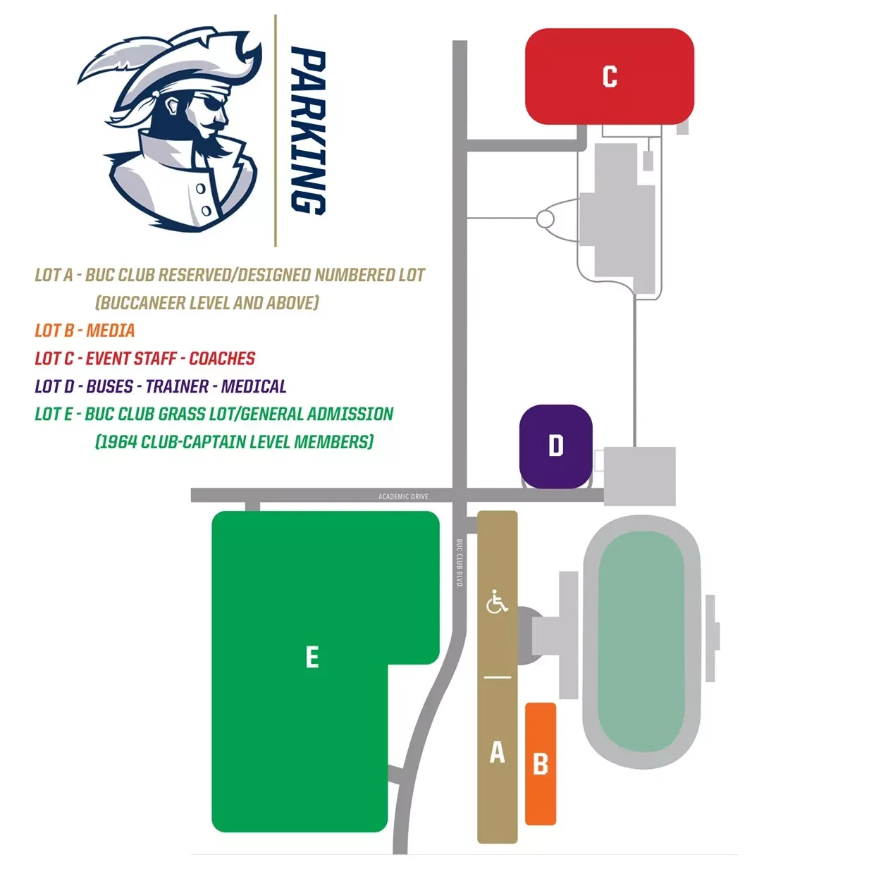 Buccaneer Field: Venue layout, Football parking · 2020 map linked in 2026 game guide. Use the original map for routes and visitor facilities.