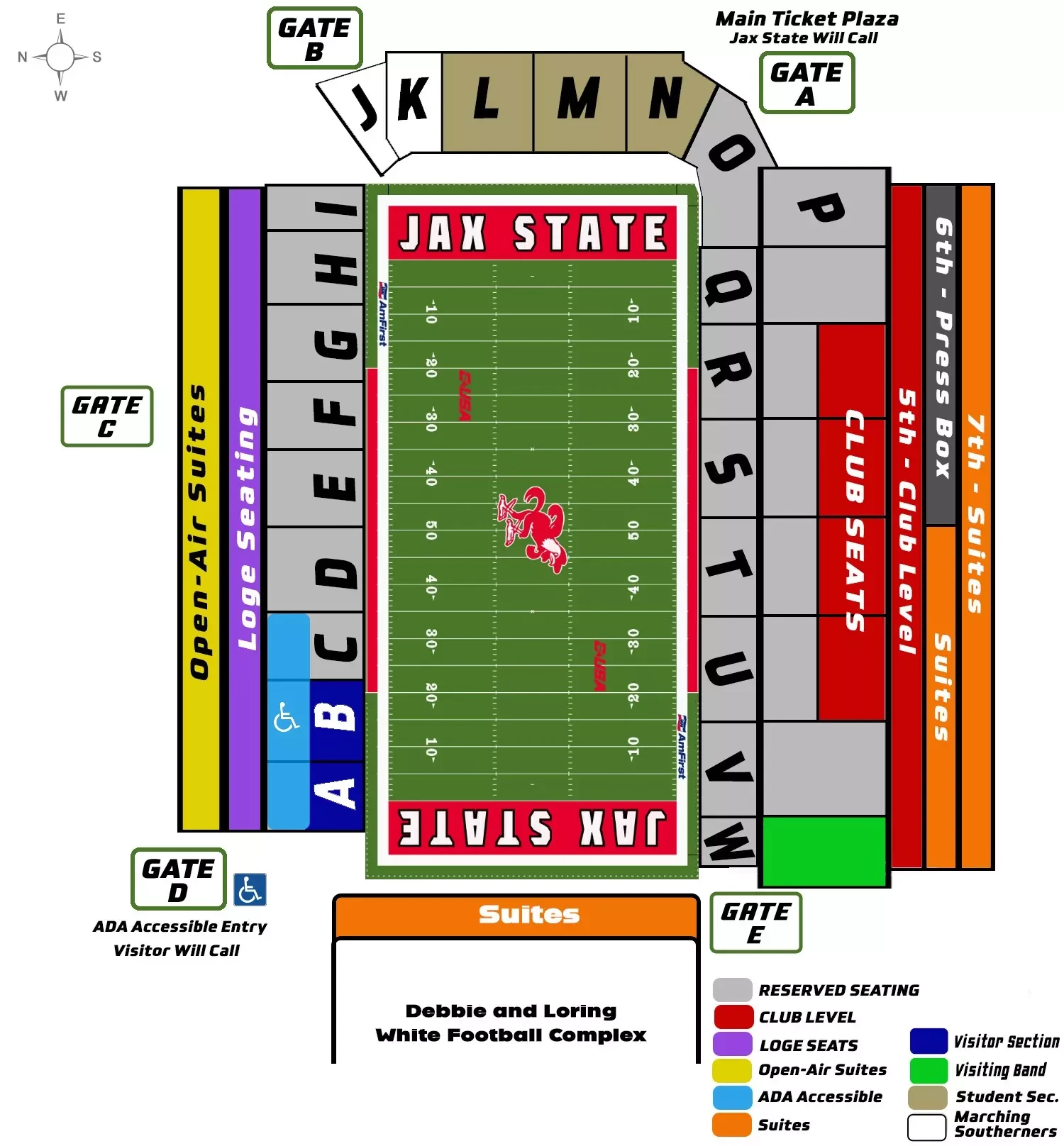 Burgess–Snow Field at AmFirst Stadium: Seating chart, Football seating and gates · 2025 chart. Use the source chart for section and row details.