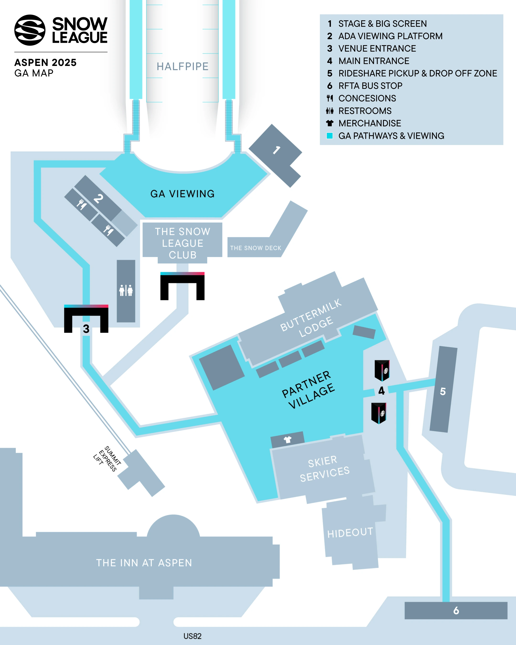 Buttermilk Mountain: Venue layout, Snow League · Aspen 2025 · general-admission event example. Use the original map for routes and visitor facilities.