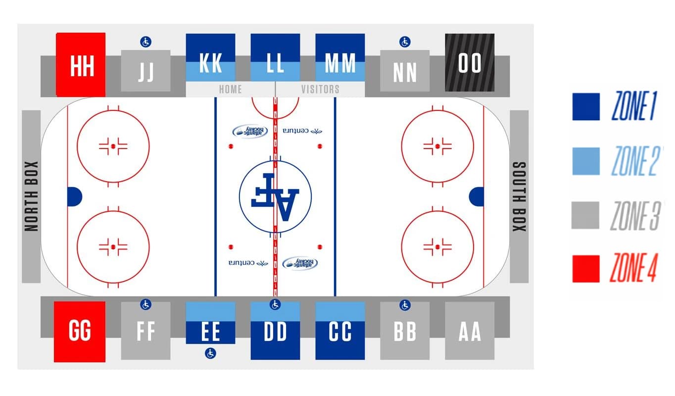 Cadet Ice Arena: Seating chart, Cadet Ice Arena — updated four-zone hockey chart. Use the source chart for section and row details.