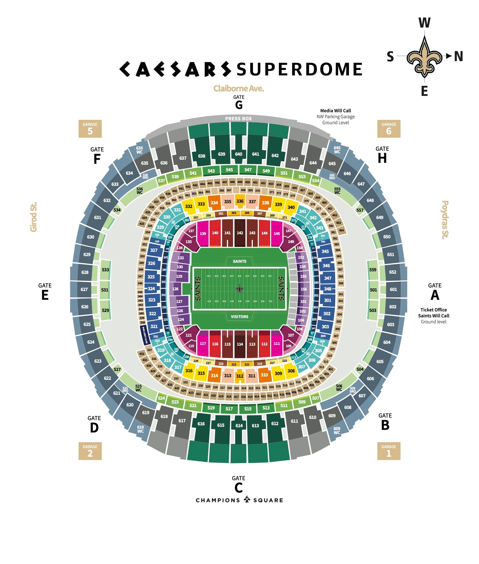 Caesars Superdome: Seating chart, 2025 Saints Seating Chart. Use the source chart for section and row details.