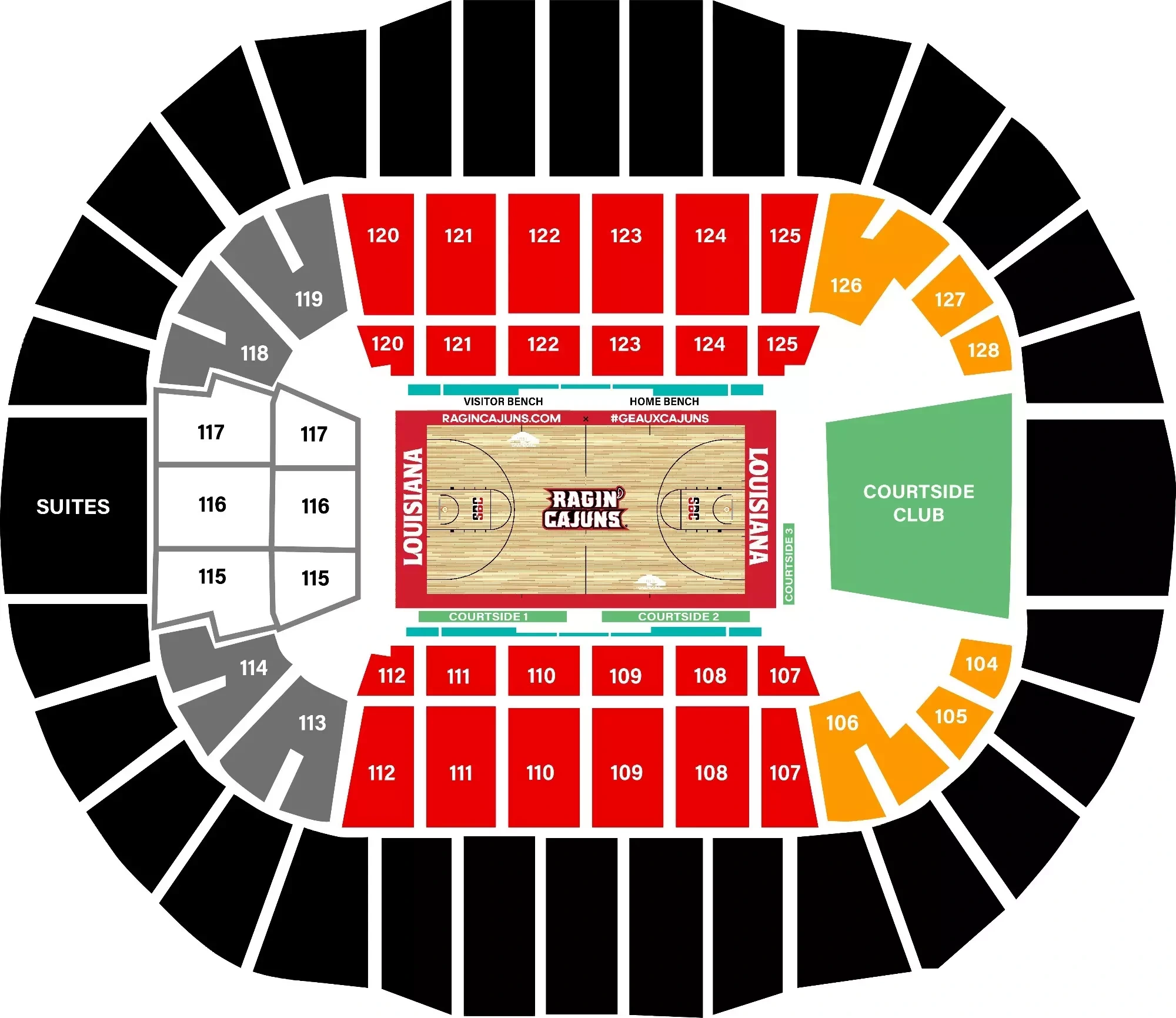 Cajundome: Seating chart, 2023 basketball reference · numbered lower bowl, benches and courtside. Use the source chart for section and row details.